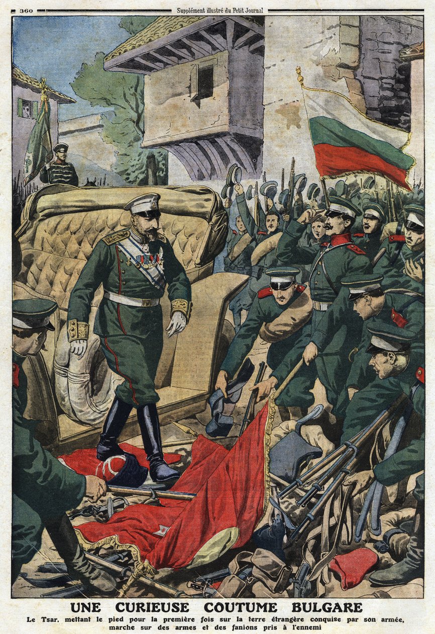 حرب البلقان الأولى (البلقان): القيصر فرديناند الأول لبلغاريا (1861-1948) يسير على أراض أجنبية غزاها جيشه في مصطفى باشا (مصطفى باشا) ، والآن فرديناندوفو ، بيتين أسلحة وشعارات الأعداء "" " ذا ليتل جورنال "" بواسطة مجهول مجهول