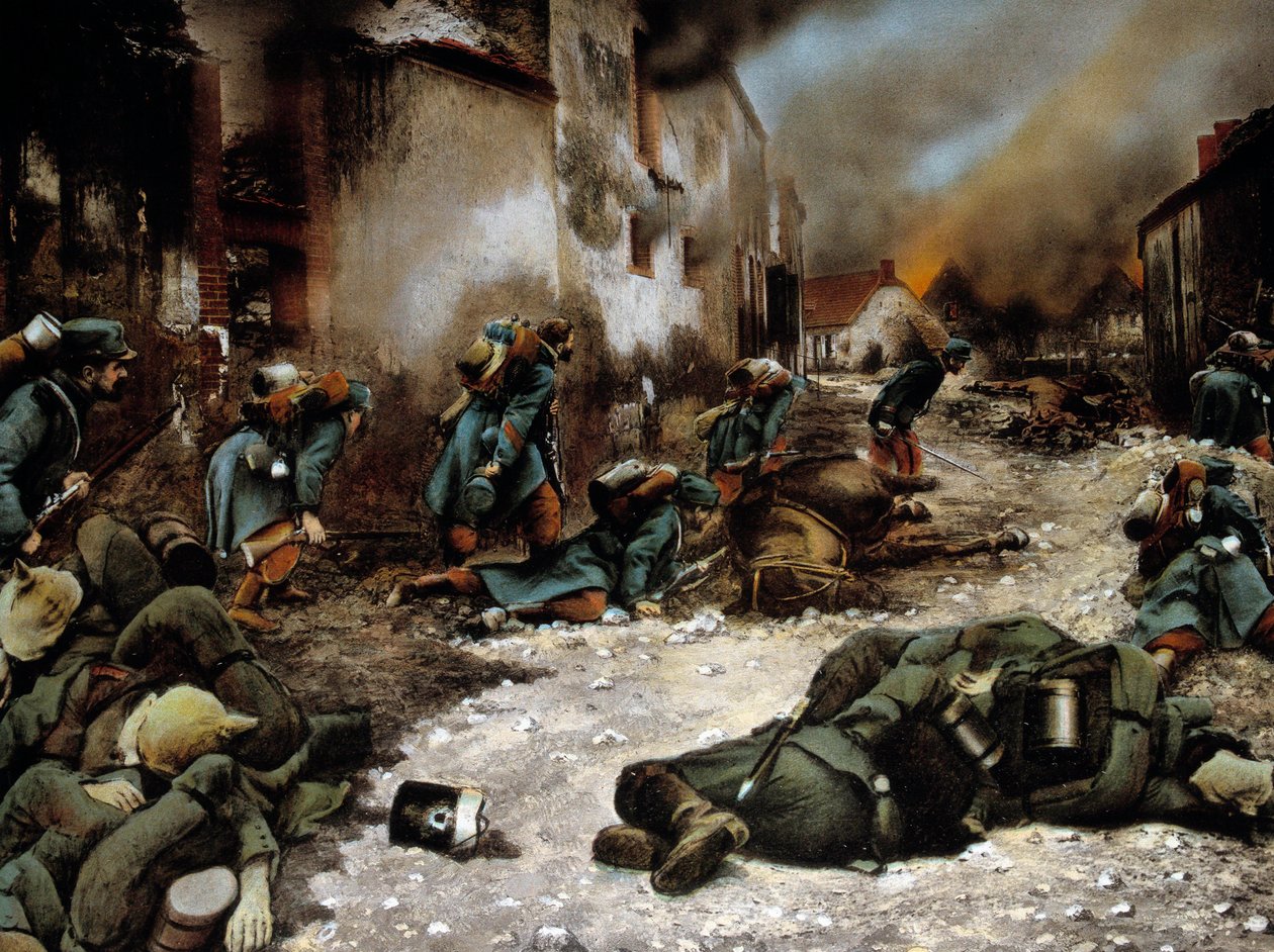 الحرب العالمية الأولى (1914-1918): "" معركة شاتيلون سور موران (شاتيلون سور مارن) في سبتمبر 1914 "" لوحة مجهولة الهوية بواسطة مجهول مجهول