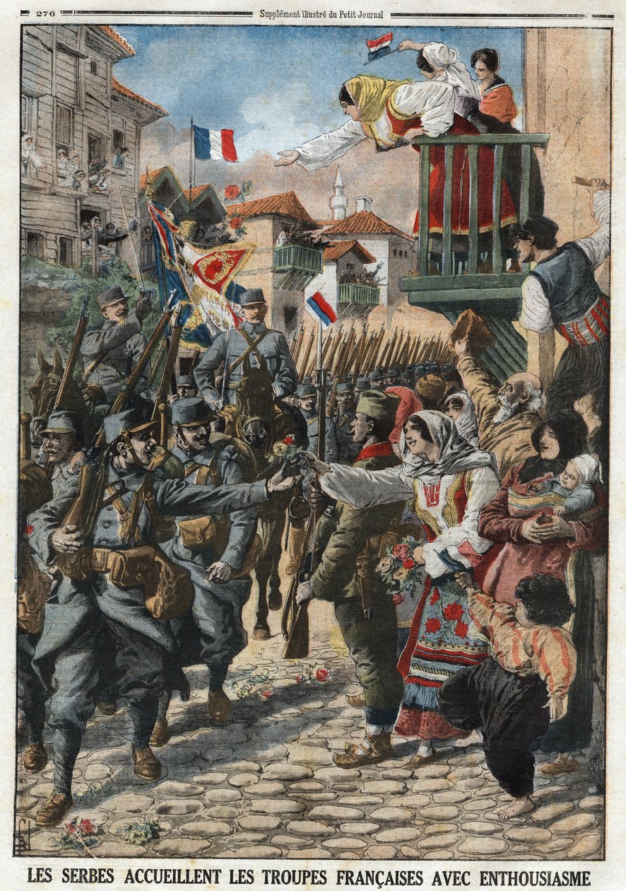 الحرب العالمية الأولى 1914-1918 (14-18): استقبل الصرب القوات الفرنسية بحماس. نقش في "" Le Petité Journal "" بتاريخ 24/10/1915. مجموعة خاصة. بواسطة مجهول مجهول