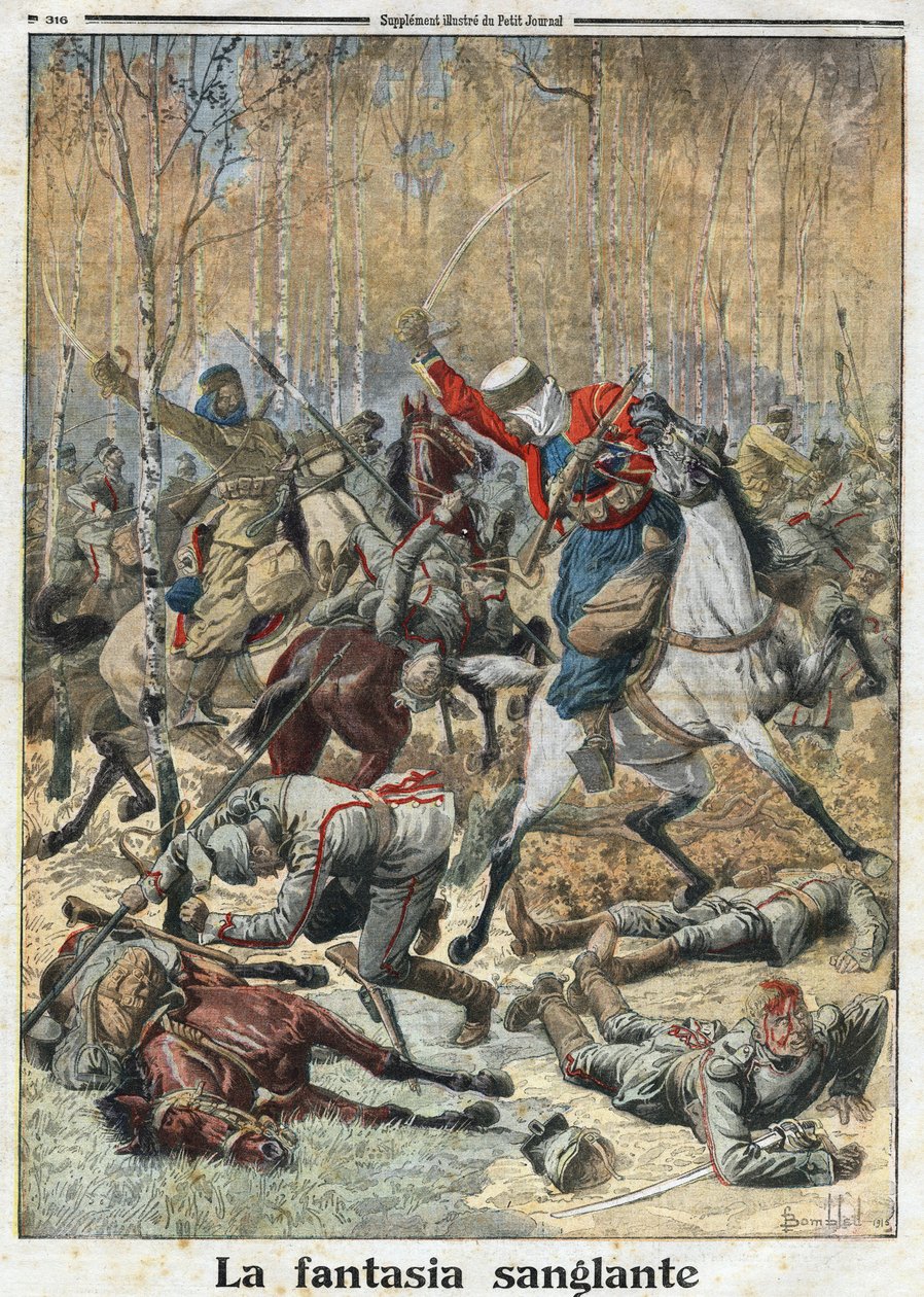 الحرب العالمية الأولى 1914-1918 (14-18): "الفنتازيا الدموية". في الغابة ، قاتلت مجموعة من ثلاثين من الفرسان الألمان بحربة من قبل ثمانية جزائريين منتصرين. نقش في "" لو بيتيت جورنال "بتاريخ 28/11/1915. مجموعة خاصة. بواسطة مجهول مجهول