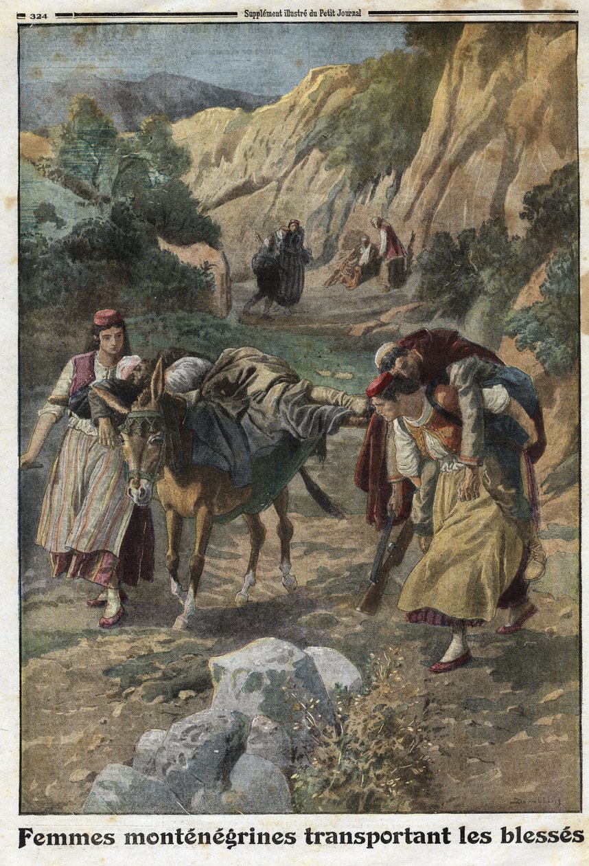 الحرب العالمية الأولى 1914-1918 (14-18): نساء من الجبل الأسود يحملن الرجال الجرحى في الحرب على ظهور البوري أو على أكتافهم. نقش في "" لو بيتيت جورنال "بتاريخ 5/12/1915. مجموعة خاصة. بواسطة مجهول مجهول