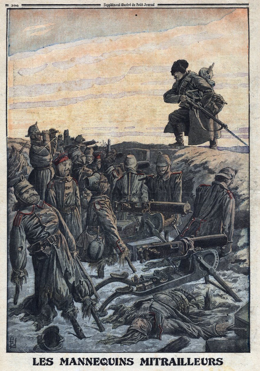 الحرب العالمية الأولى 1914-1918 (الحرب 14-18): يستخدم الجنود الألمان العارضات التي يمتلكونها في الخنادق المزودة بالمدافع الرشاشة لخداع العدو الروسي حتى الفخ. فى "" لو بيتيت جورنال "فى 6/2/1916. مجموعة خاصة بواسطة مجهول مجهول