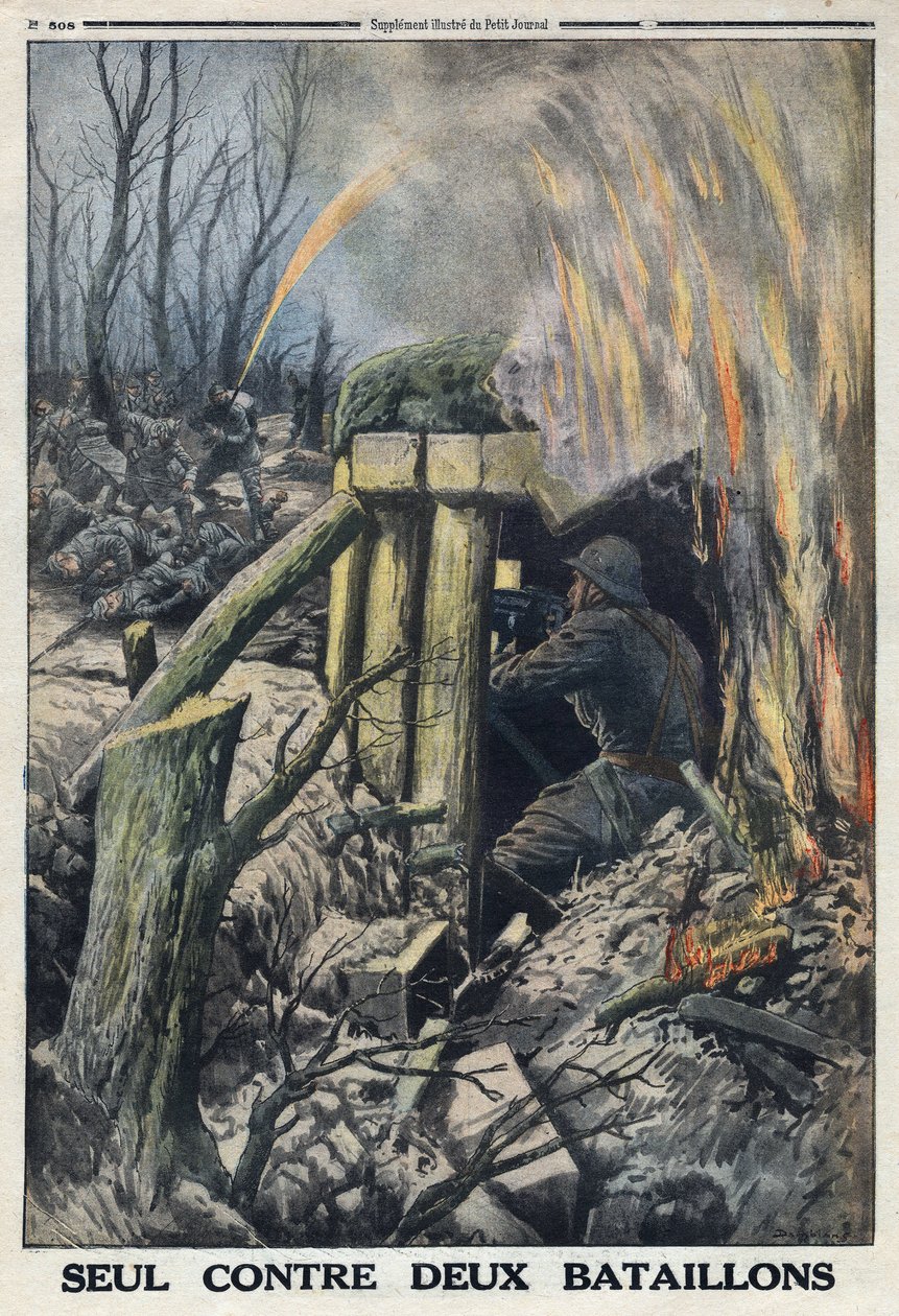 الحرب العالمية الأولى 1914-1918 (الحرب 14-18). ضابط فرنسي يقاتل بمفرده ضد كتيبتين من الجيش الألماني في Bois de Caures. في "" لو بيتيت جورنال "بتاريخ 14/5/1916. مجموعة خاصة بواسطة مجهول مجهول
