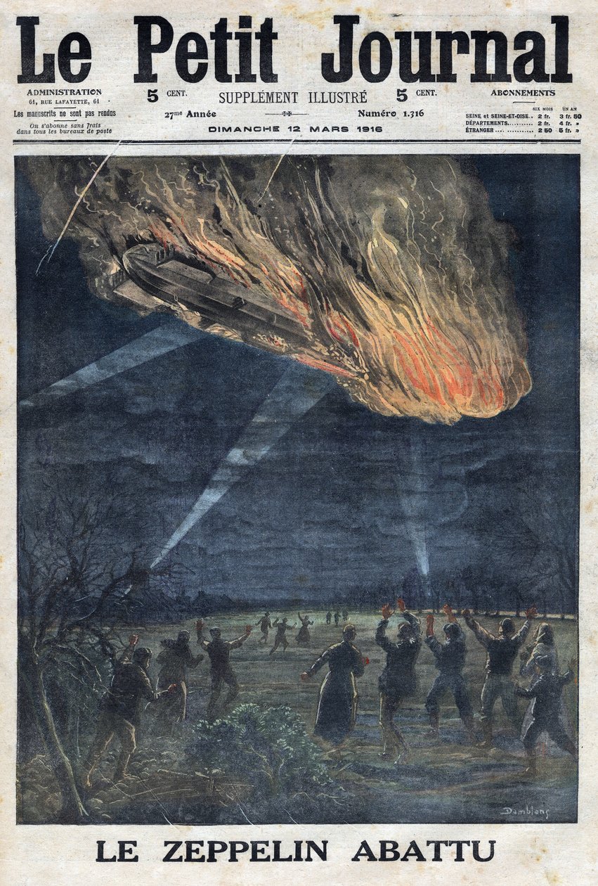 الحرب العالمية الأولى 1914-1918 (الحرب 14-18). منطاد للجيش الألماني أطلق عليه الجيش الفرنسي النار في الهواء الطلق بالقرب من Sainte Menehould (Sainte-Menehould). في "" لو بيتيت جورنال "بتاريخ 12/03/1916. مجموعة خاصة بواسطة مجهول مجهول