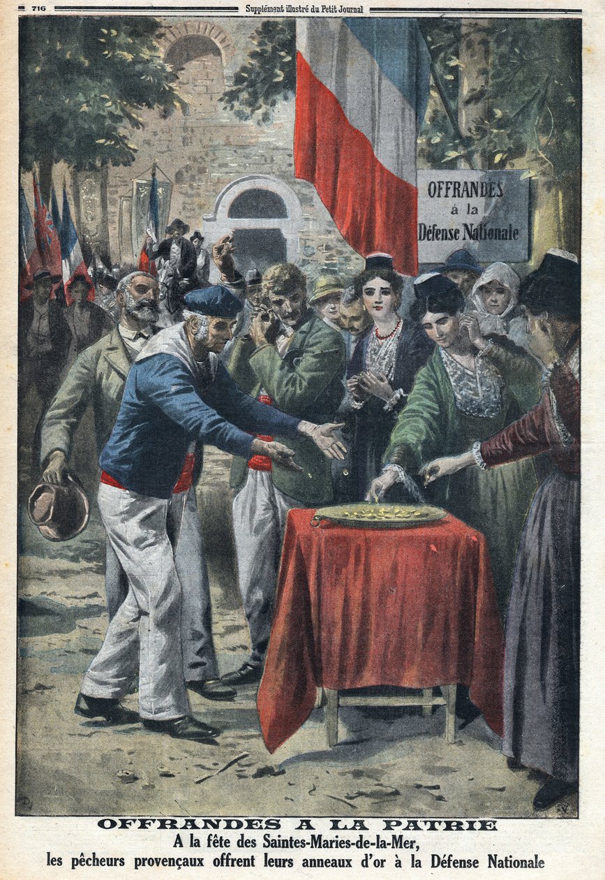 الحرب العالمية الأولى 1914-1918 (الحرب 14-18). في fete des Saintes Maries de la Mer (Saintes-Maries-de-la-Mer) قدم البحارة للأمة الخواتم الذهبية لتمويل المساعدة للدفاع الوطني. في "" لو بيتيت جورنال "بتاريخ 12/11/1916. مجموعة خاصة بواسطة مجهول مجهول