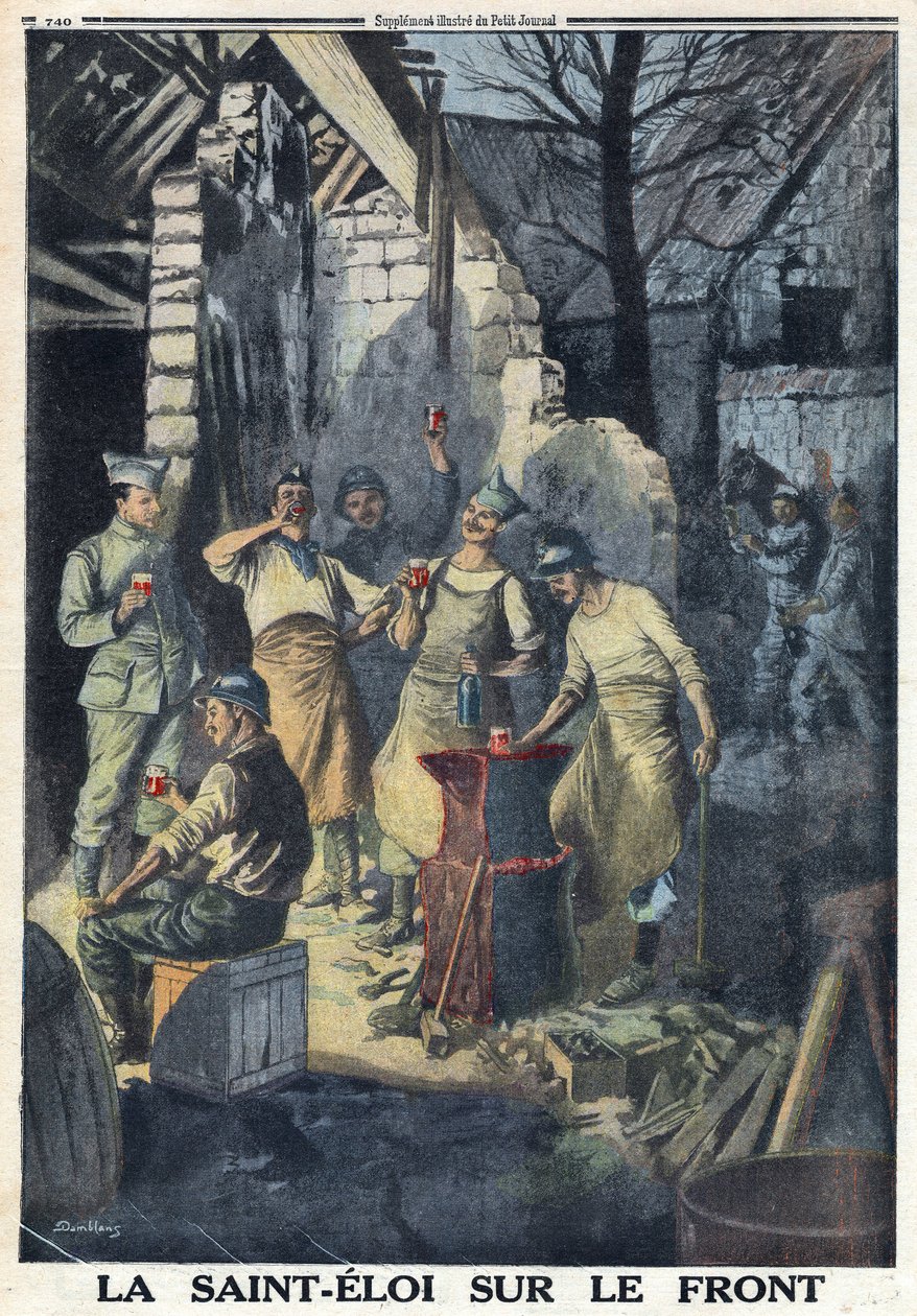 الحرب العالمية الأولى 1914-1918 (الحرب 14-18). الاحتفال بسانت إلوي (سان إلوي) بالجنود على الجبهة. جميعهم يشربون كأسًا من النبيذ الأحمر للحفلة. في "" لو بيتيت جورنال "بتاريخ 3/12/1916. مجموعة خاصة بواسطة مجهول مجهول