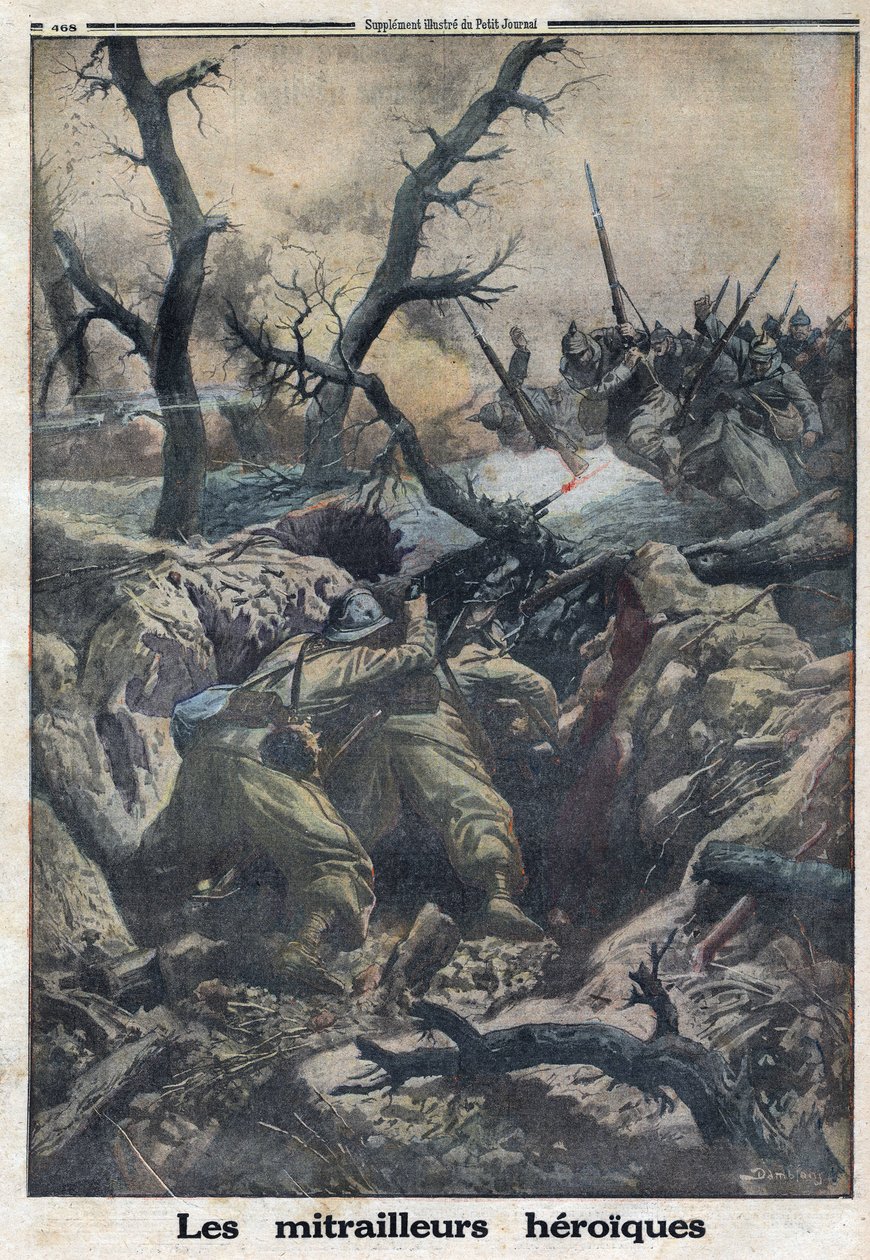الحرب العالمية الأولى 1914-1918 (الحرب 14-18). مدفع رشاش فرنسي يطلق النار على هجوم عسكري ألماني. في "" لو بيتيت جورنال "بتاريخ 9/4/1916. مجموعة خاصة بواسطة مجهول مجهول