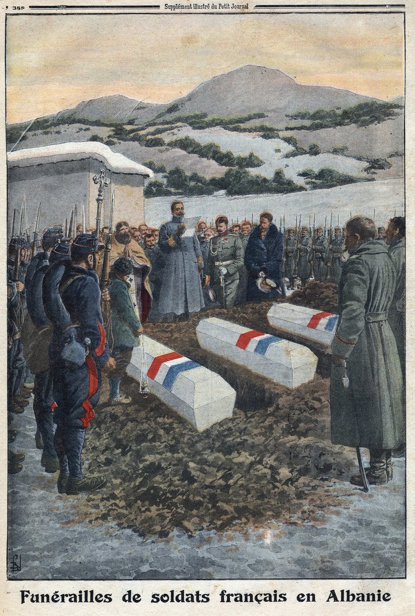الحرب العالمية الأولى 1914-1918 (الحرب 14-18). تشييع جنازة جنود فرنسيين في ألبانيا. في "" Le Petite Journal " بواسطة مجهول مجهول