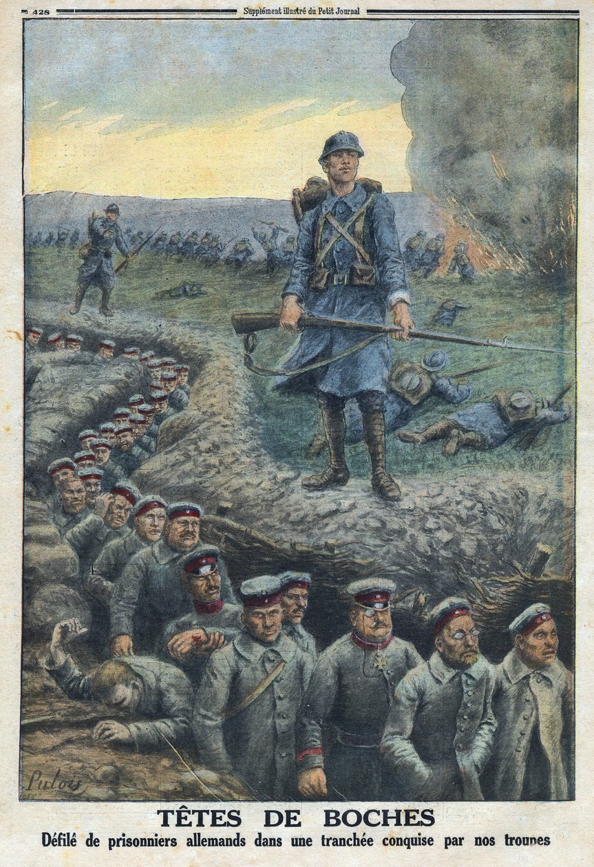 الحرب العالمية الأولى 1914-1918 (الحرب 14-18). "الرؤوس": تنجس الأسرى الألمان في خندق احتلته قوات الجيش الفرنسي. في "Le Petité Journal" بتاريخ 5/3/1916. مجموعة خاصة بواسطة مجهول مجهول