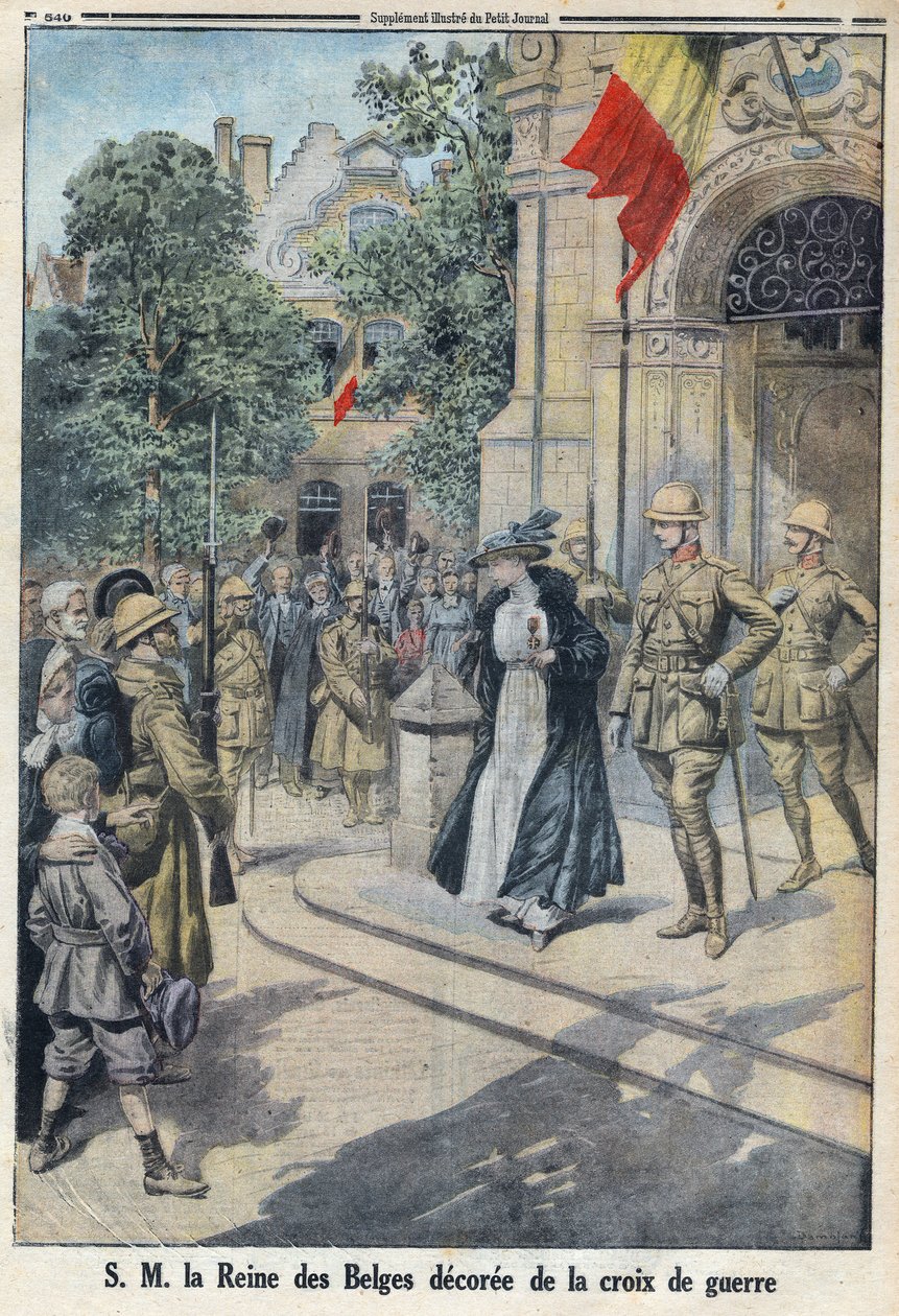 الحرب العالمية الأولى 1914-1918 (الحرب 14-18). مُنحت جلالة ملكة البلجيكيين إليزابيث دي بافيير (1876-1965) صليب الحرب. في "Le Petite Journal" بواسطة مجهول مجهول
