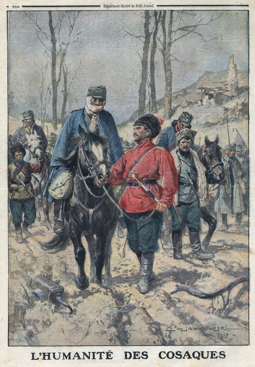 الحرب العالمية الأولى 1914-1918 (الحرب 14-18). يتم إعارة الخيول للسجناء النمساويين المرضى أو المصابين في جيش كوزاك. فى "" لو بيتيت جورنال "فى 23/7/1916. مجموعة خاصة بواسطة مجهول مجهول