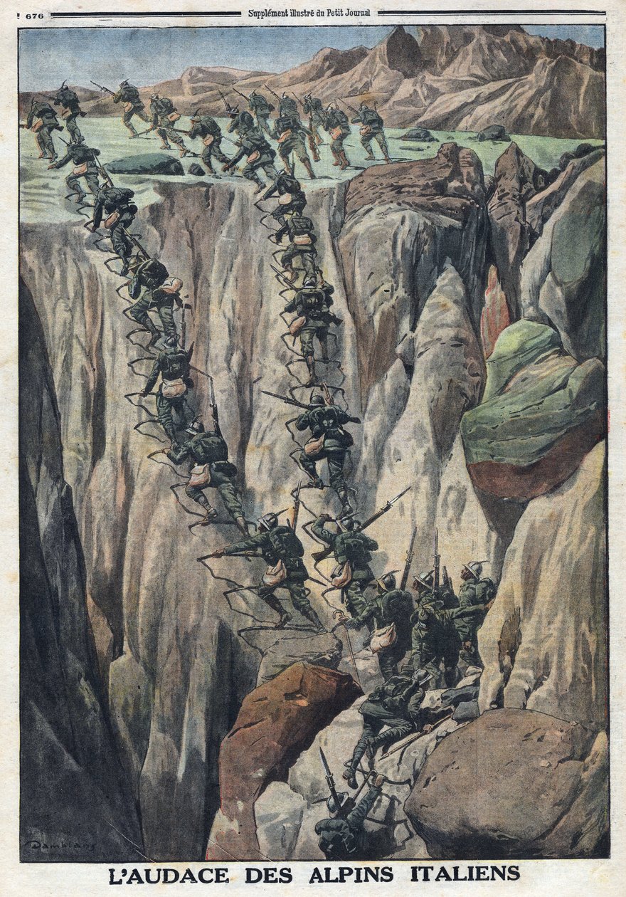 الحرب العالمية الأولى 1914-1918 (الحرب 14-18). جنود إيطاليون يتسلقون قمة Cauriol في Fiemme Alps في إيطاليا. في "" Le Petite Journal "، 8 أكتوبر بواسطة مجهول مجهول