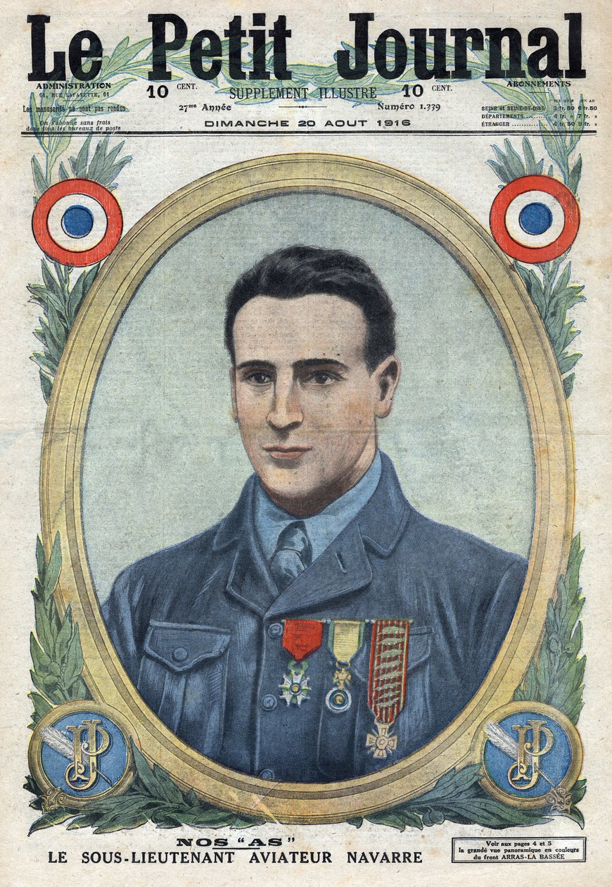 الحرب العالمية الأولى 1914-1918 (الحرب 14-18). صورة جان نافار (1895-1919) طيار من الجيش الفرنسي. في "" Le Petité Journal " بواسطة مجهول مجهول