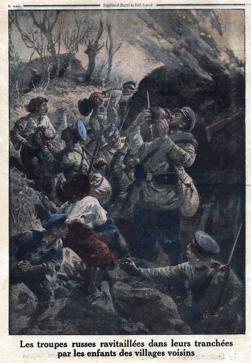 الحرب العالمية الأولى 1914-1918 (الحرب 14-18). أعادت القوات العسكرية الروسية التزود بالوقود في خنادقها من قبل أطفال من القرى المجاورة. فى "" لو بيتيت جورنال "فى 02/04/1916. مجموعة خاصة بواسطة مجهول مجهول