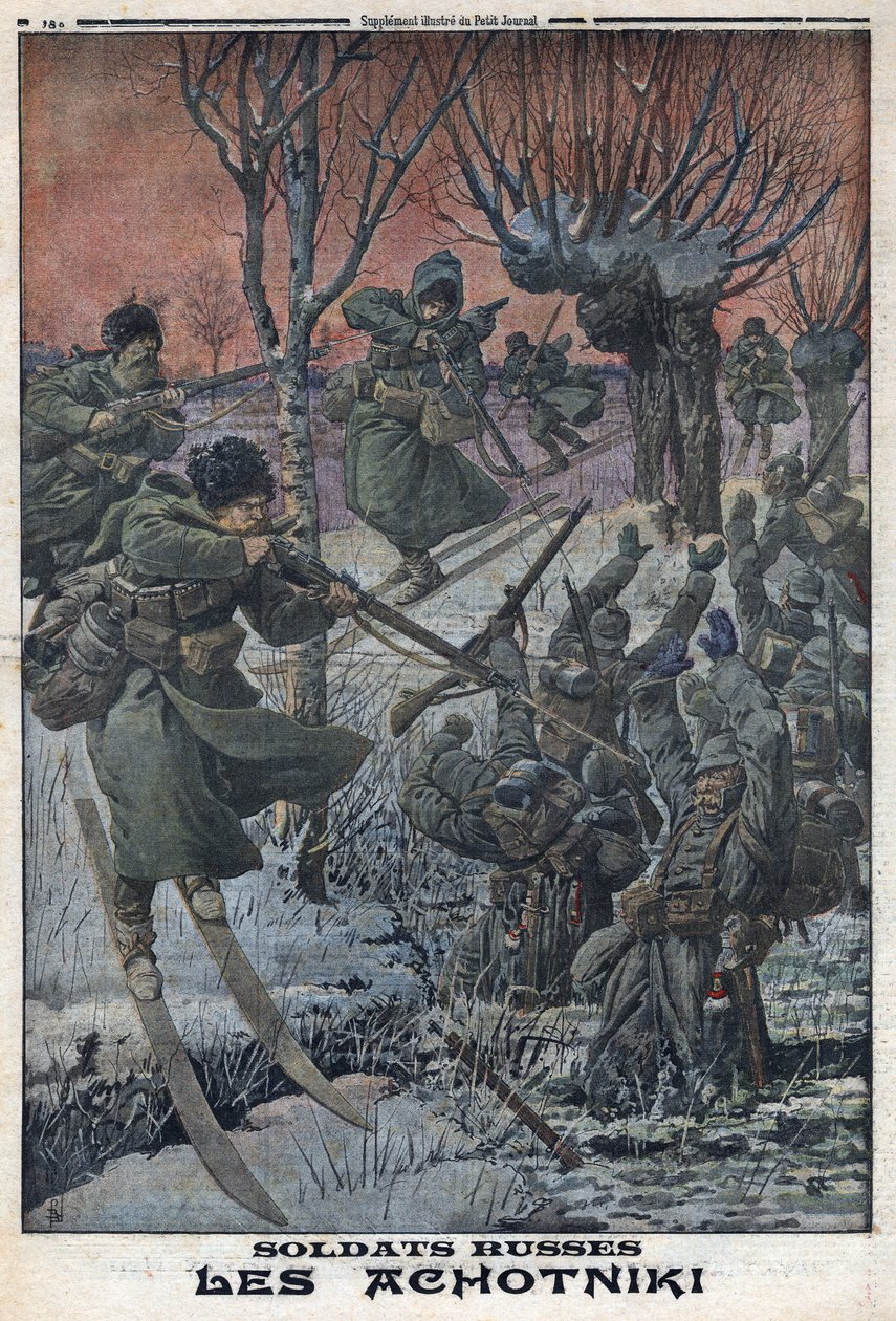 الحرب العالمية الأولى 1914-1918 (الحرب 14-18). أطلق الجنود الروس أحوتنيكي على الزلاجات النار على جنود ألمان. فى "" لو بيتيت جورنال "فى 23/1/1916. مجموعة خاصة بواسطة مجهول مجهول