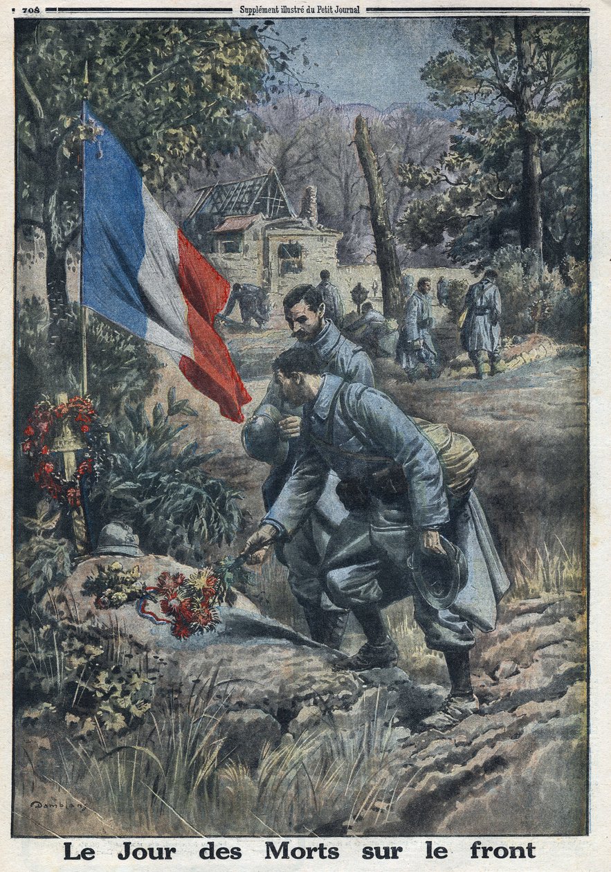 الحرب العالمية الأولى 1914-1918 (الحرب 14-18). يوم الموتى على الجبهة: الجنود في عيد جميع القديسين يزهرون قبر الجنود الذين سقطوا. في "" لو بيتيت جورنال "بتاريخ 5/11/1916. مجموعة خاصة بواسطة مجهول مجهول