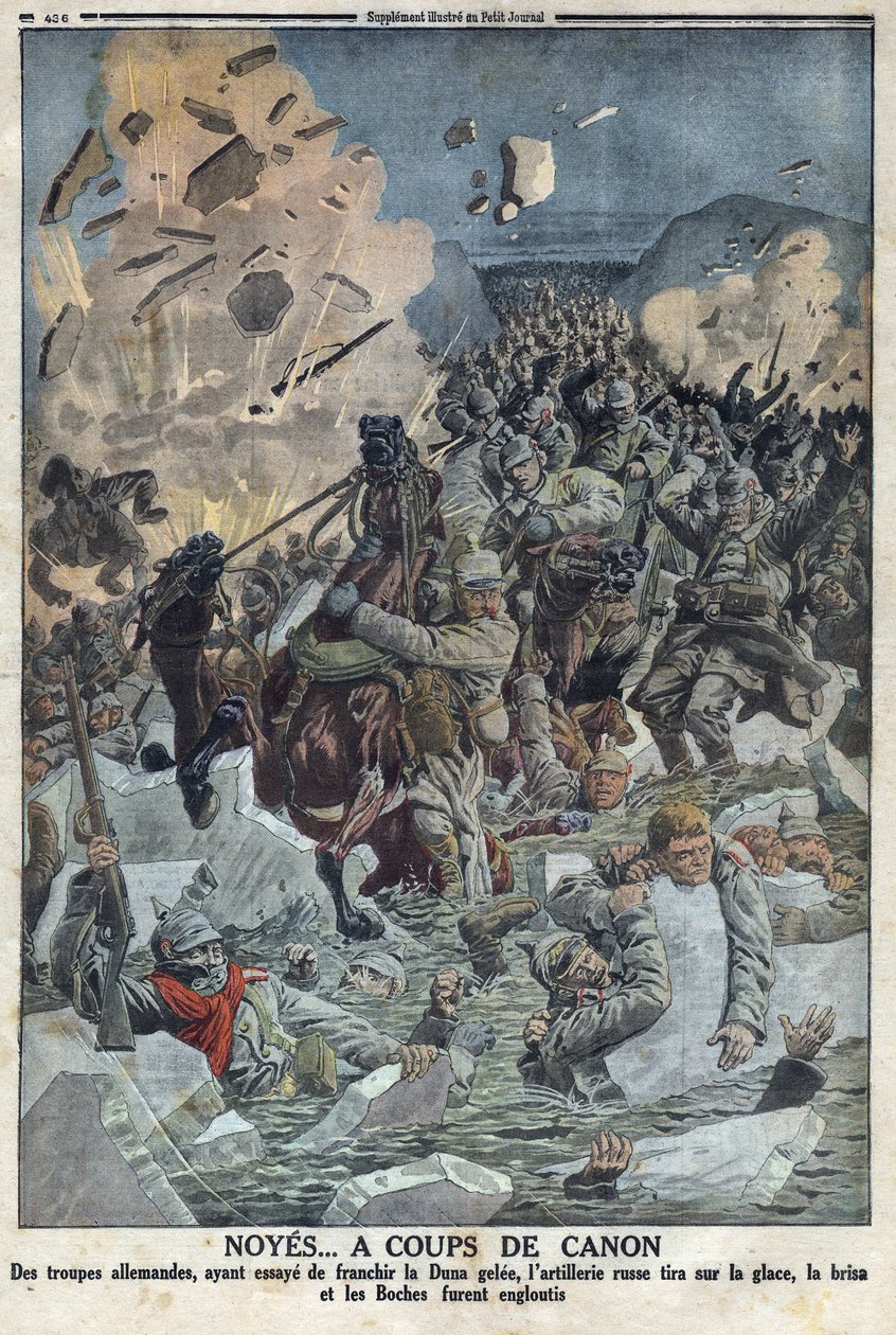 الحرب العالمية الأولى 1914-1918 (الحرب 14-18). يحاول الجيش الألماني عبور نهر دونا جيلي لكن المدفعية الروسية أطلقت النار على الجليد بمسدس وأغرقت الجيش الألماني (الملقب بوشي في النص) في "" مجلة بيتيتي " بواسطة مجهول مجهول