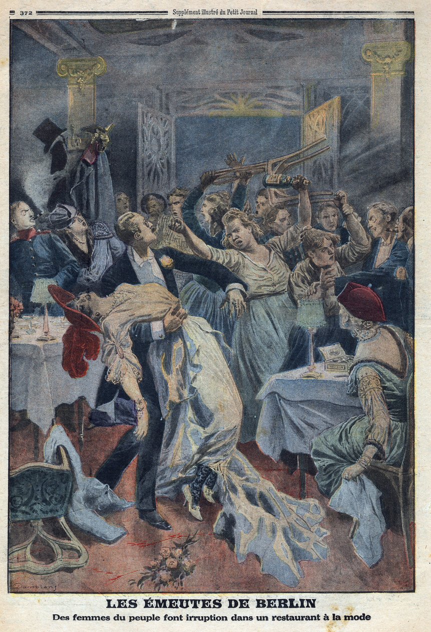 الحرب العالمية الأولى 1914-1918 (الحرب 14-18). تقتحم نساء الشعب مطعمًا أنيقًا ويطالبن بعودة أزواجهن. فى "" لو بيتيت جورنال "فى 16/1/1916. مجموعة خاصة بواسطة مجهول مجهول