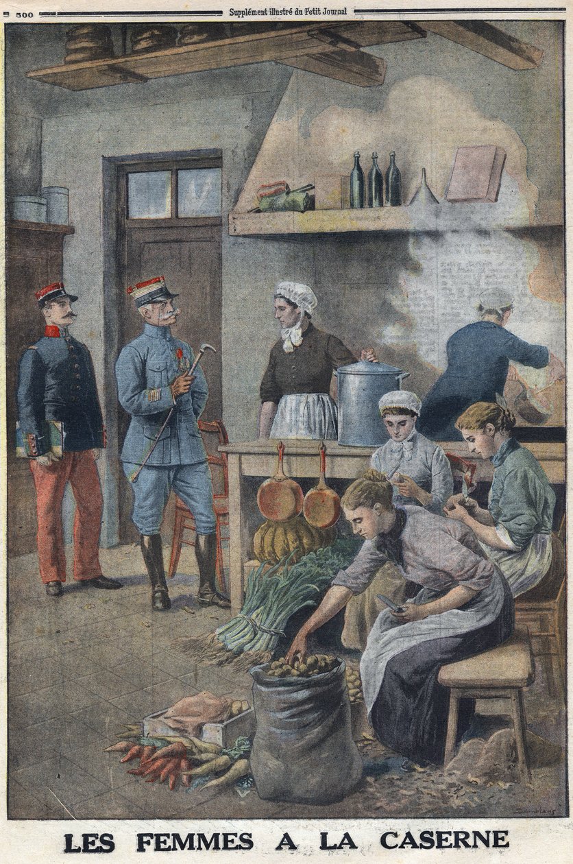 الحرب العالمية الأولى 1914-1918 (الحرب 14-18). نساء يحضرن الطعام في مطابخ الثكنات. ثلاثة طهاة في كورفي البطاطس ، قشروا البطاطس. فى "" لو بيتيت جورنال "فى 7/5/1916. مجموعة خاصة بواسطة مجهول مجهول