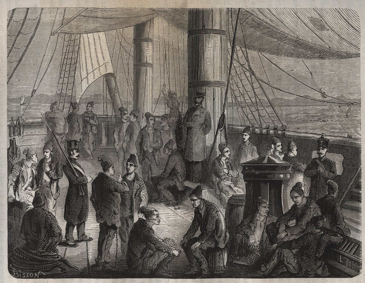 أول قافلة للقوات من تولون إلى كايين (غيانا) بموجب مرسوم 8 ديسمبر 1851. نقش في "تاريخ القوافل منذ إنشائها حتى يومنا هذا" (1877) بقلم بيير زكون (1817-1895) (كولونيا بينالي - مستعمرة جزائية). مجموعة خاصة. بواسطة مجهول مجهول