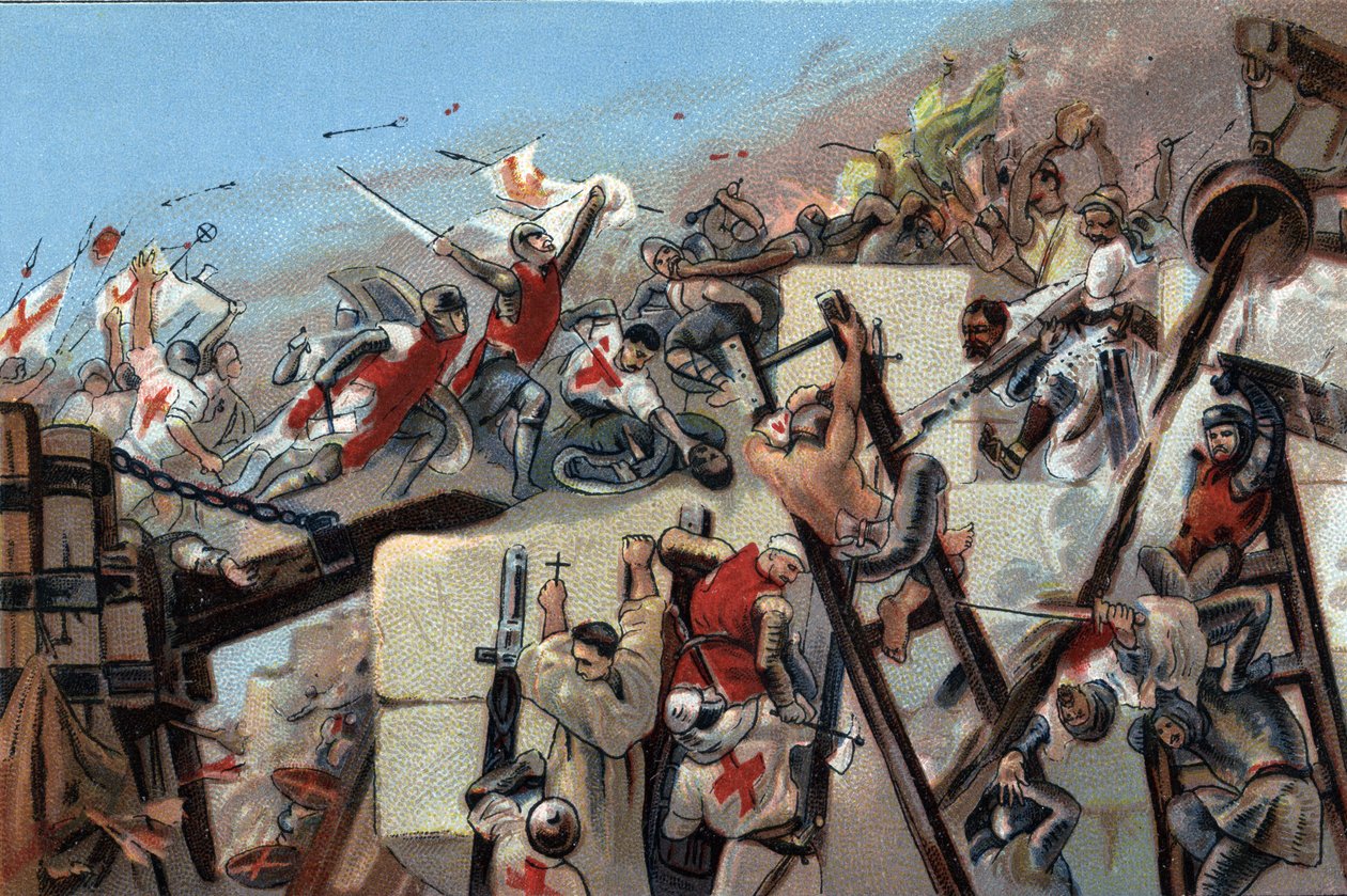 الحملة الصليبية الأولى (1096-1099): احتلال الكروس بقيادة جودفروي (جودفروي) لبويلون (1061-1100) في 15 يوليو 1099. الإعلان عن الطباعة الحجرية الملونة لشوكولاتة أنطوان في بروكسل ، بداية القرن العشرين. مجموعة خاصة بواسطة مجهول مجهول