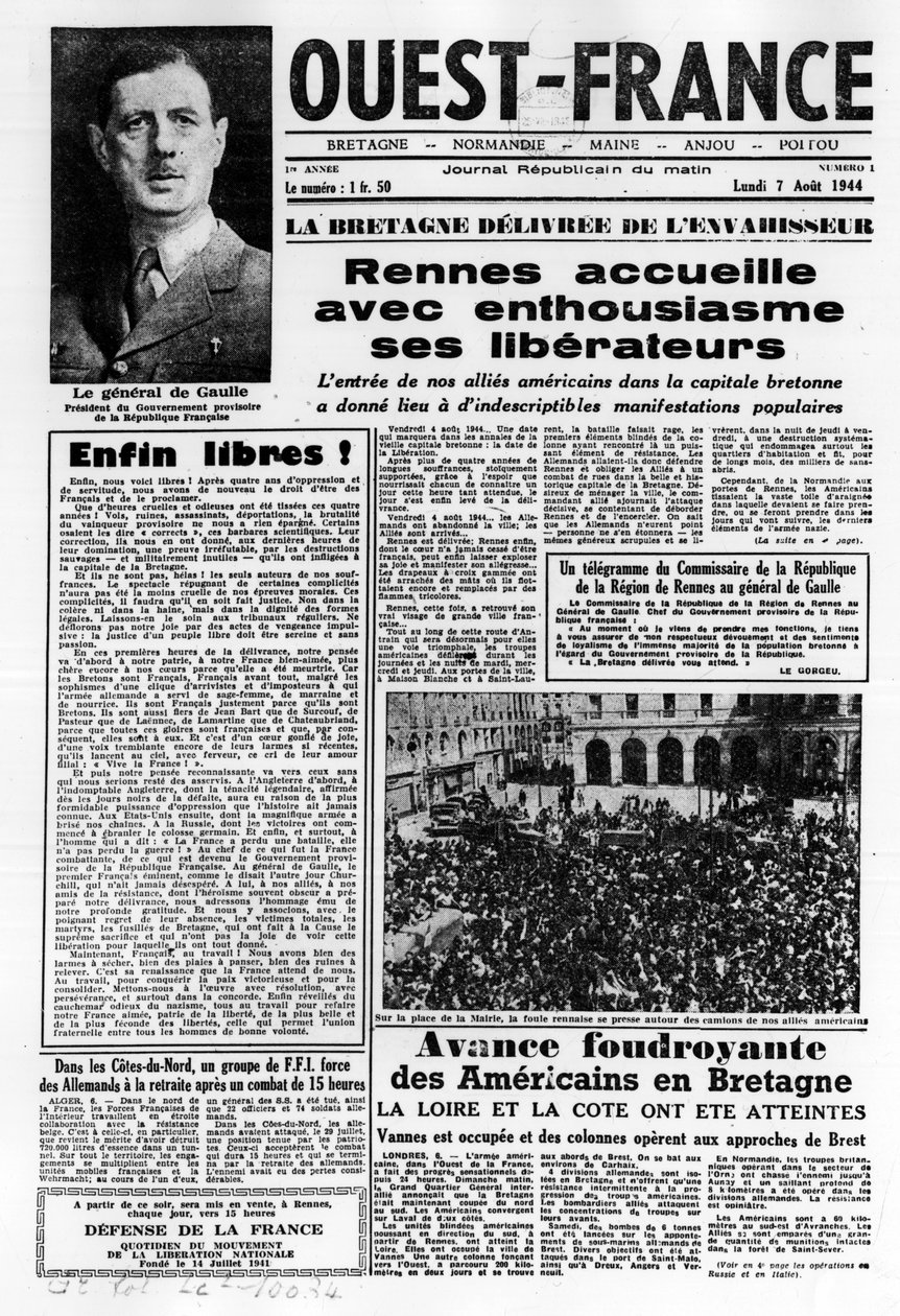 العدد الأول من غرب فرنسا اعتبارًا من 7 أغسطس 1944: لا لا لا ليبراسيون في غرب فرنسا والجنرال ديغول - صورة فوتوغرافية ، BN بواسطة مجهول مجهول