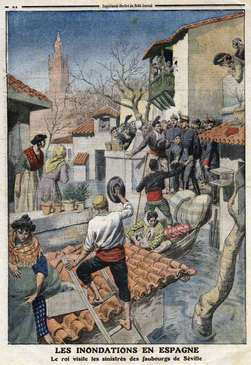 فيضانات إسبانيا: الملك ألفونسو الثالث عشر (1886-1941) يزور ضواحي إشبيلية المشؤومة. نقش في "" لو بيتيت جورنال "بتاريخ 25/2/1912. مجموعة خاصة. بواسطة مجهول مجهول