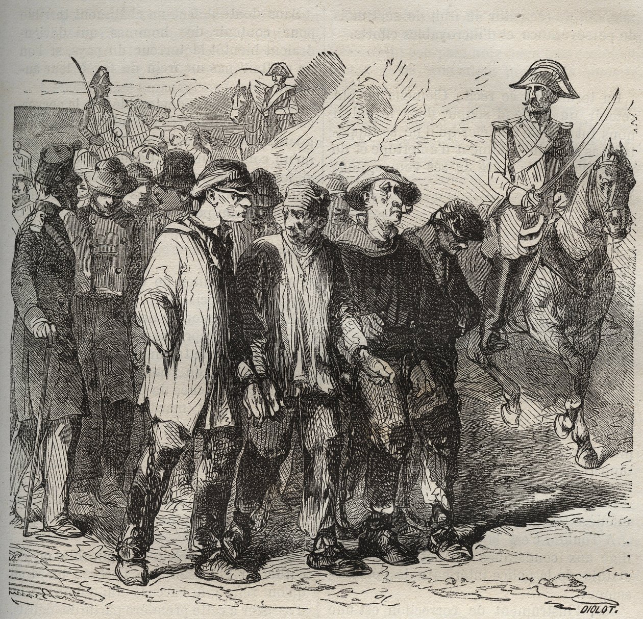 Forcats في مسيرة في Bagne de Rochefort في القرن التاسع عشر. نقش في "تاريخ المحكوم عليهم منذ إنشائهم حتى يومنا هذا" (1877) لبيير زكون (1817-1895) (كولونيا بينالي - مستعمرة جزائية). مجموعة خاصة. بواسطة مجهول مجهول