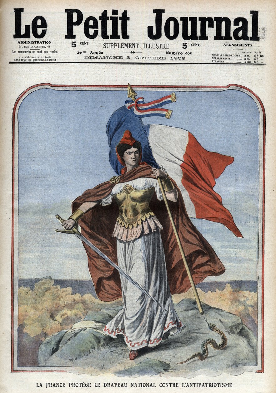 تحمي فرنسا (ماريان) العلم الوطني من معاداة الوطنية - "" Le Petity Journal "" في أكتوبر 1909 بواسطة مجهول مجهول