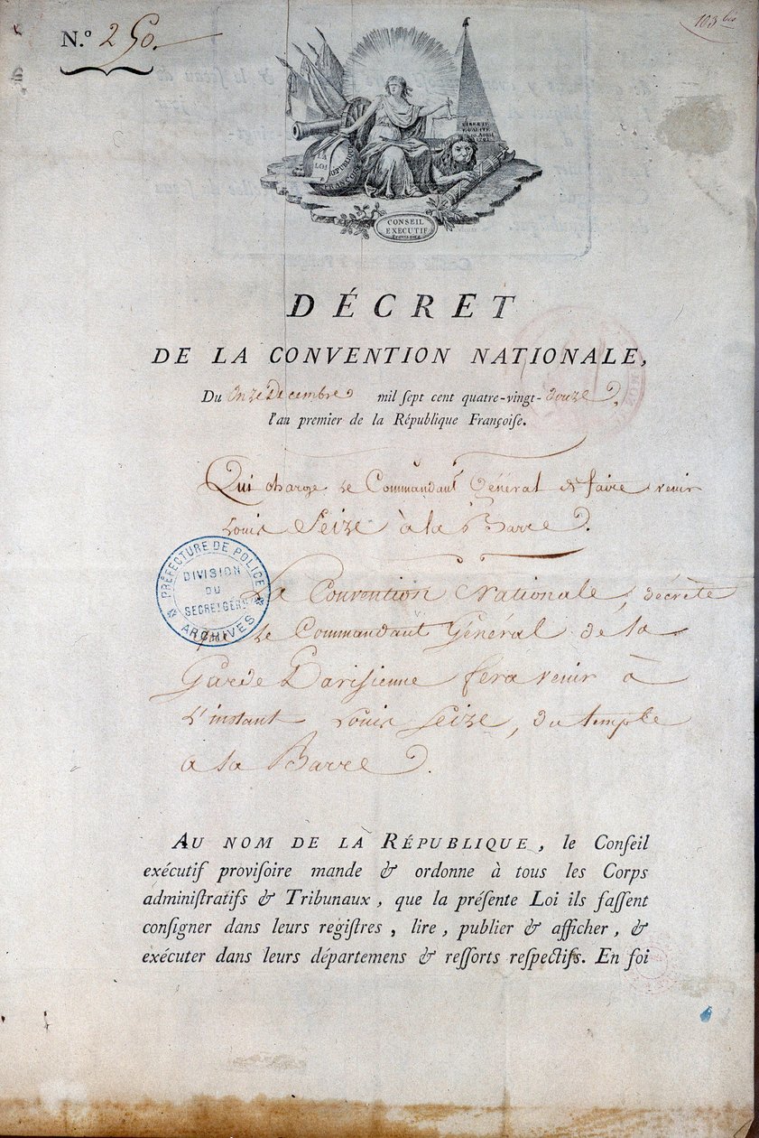 الثورة الفرنسية: مرسوم اتفاقية 11/12/1792 الذي يأمر الحرس الوطني بإحضار الملك لويس السادس عشر من سجن المعبد إلى المحكمة. باريس. محافظة الشرطة بواسطة مجهول مجهول