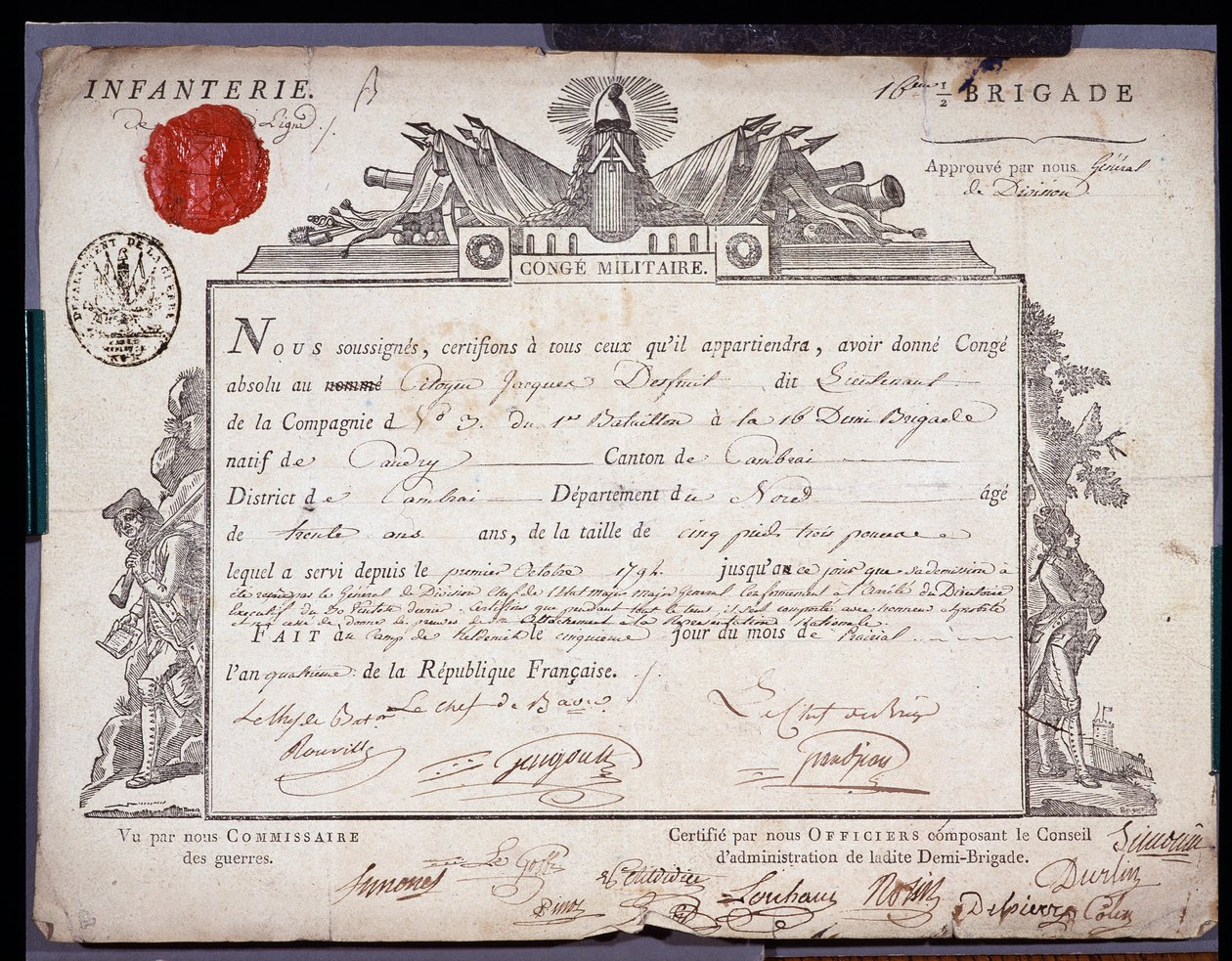 الثورة الفرنسية: وثيقة رسمية من الكونغرس العسكري مؤرخة في 5 Prairial السنة الرابعة (24/05/1796) ملازم في لواء مقاطعة كامبراي. المحفوظات الإدارية في نورد ليل بواسطة مجهول مجهول