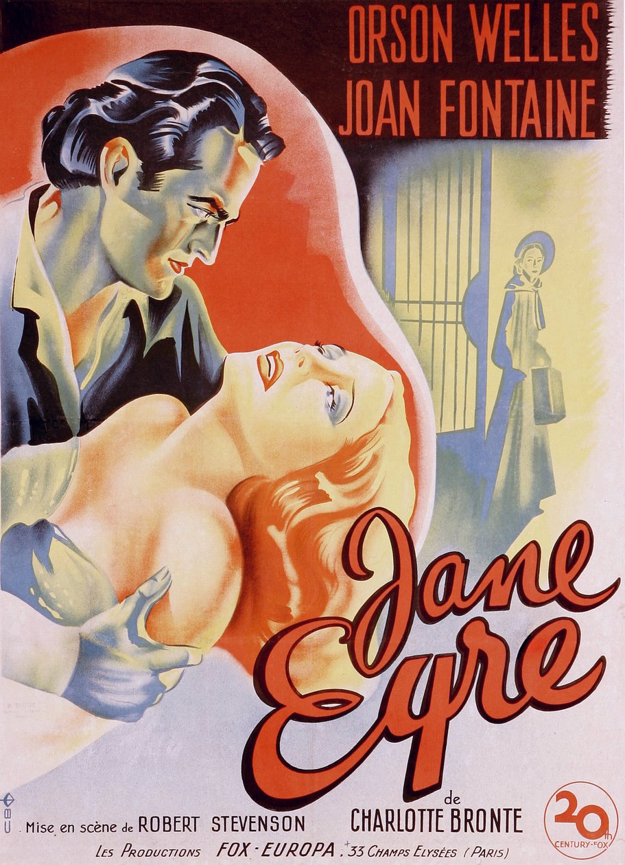 ملصق فيلم فرنسي لفيلم "جين اير" من تأليف شارلوت برونتي وإخراج روبرت ستيفنسون عام 1944 مع الممثلين أورسون ويلز بدور إدوارد روتشستر وجوان فونتين في دور جين. مجموعة خاصة. بواسطة مجهول مجهول