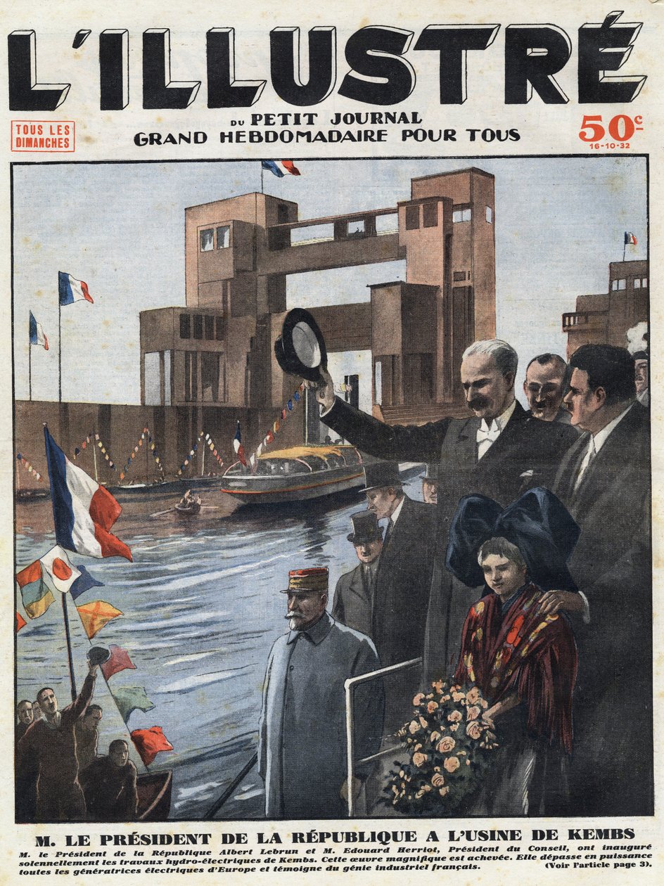 الصناعة الفرنسية: افتتح ألبرت ليبرون (1871-1950) ، رئيس الجمهورية وإدوارد هيريوت (1872-1957) ، رئيس المجلس محطة الطاقة الكهرومائية في كيمبس في أوت رين (أوت رين) في الألزاس. نقش عنوان "" L'illustriou بواسطة مجهول مجهول