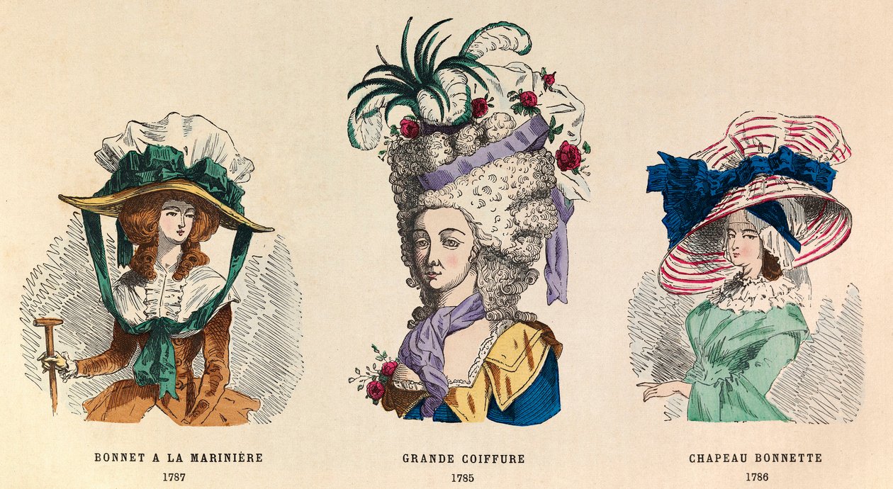 من اليسار إلى الغراب: Hat a la mariniere عام 1787 ؛ تصفيفة الشعر غراندي في عام 1785 وهات بونيت في عام 1786 - مجموعة خاصة بواسطة مجهول مجهول