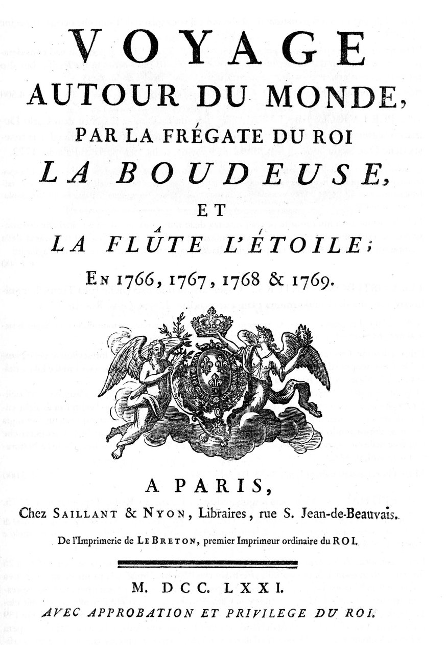 واجهة الكتاب لعام 1771 من كتاب "رحلة حول العالم" par la frigate du roi la boudeuse et la flute L'Etoile EN 1766،1767،1768،1769 "" كتبها لويس أنطوان ، كومت دي بوغانفيل (1729 - 1811) الملاح الفرنسي . بواسطة مجهول مجهول