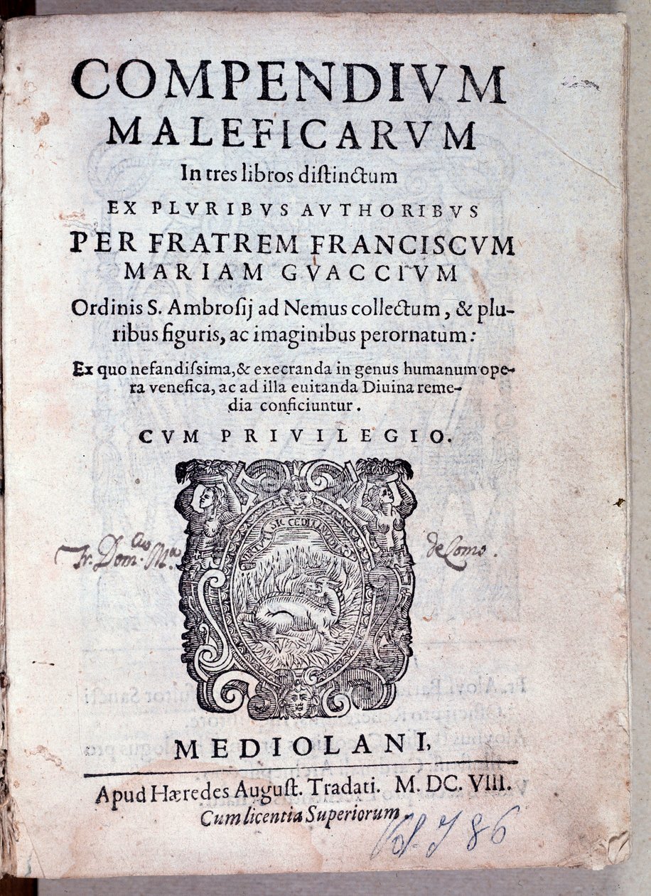 مقدمة من خلاصة maleficarum بواسطة Guazzo حول علم الشياطين والسحر (النقش بواسطة مجهول مجهول