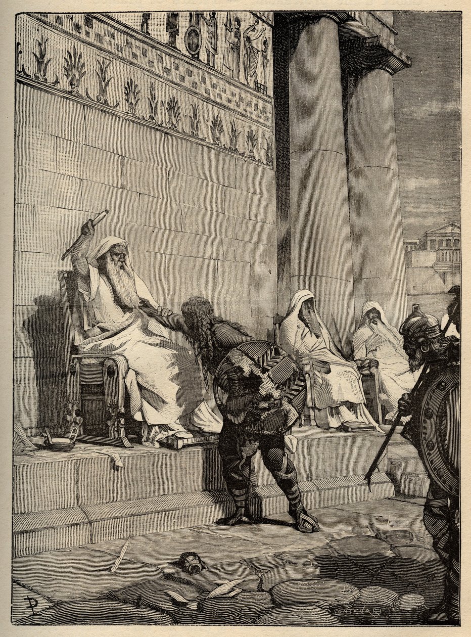 يعود زعيم الغال Brennus (Brennos) إلى العاصمة الرومانية في 390 قبل الميلاد. - الغال في روما - نهب روما - نقش 1890 بواسطة مجهول مجهول