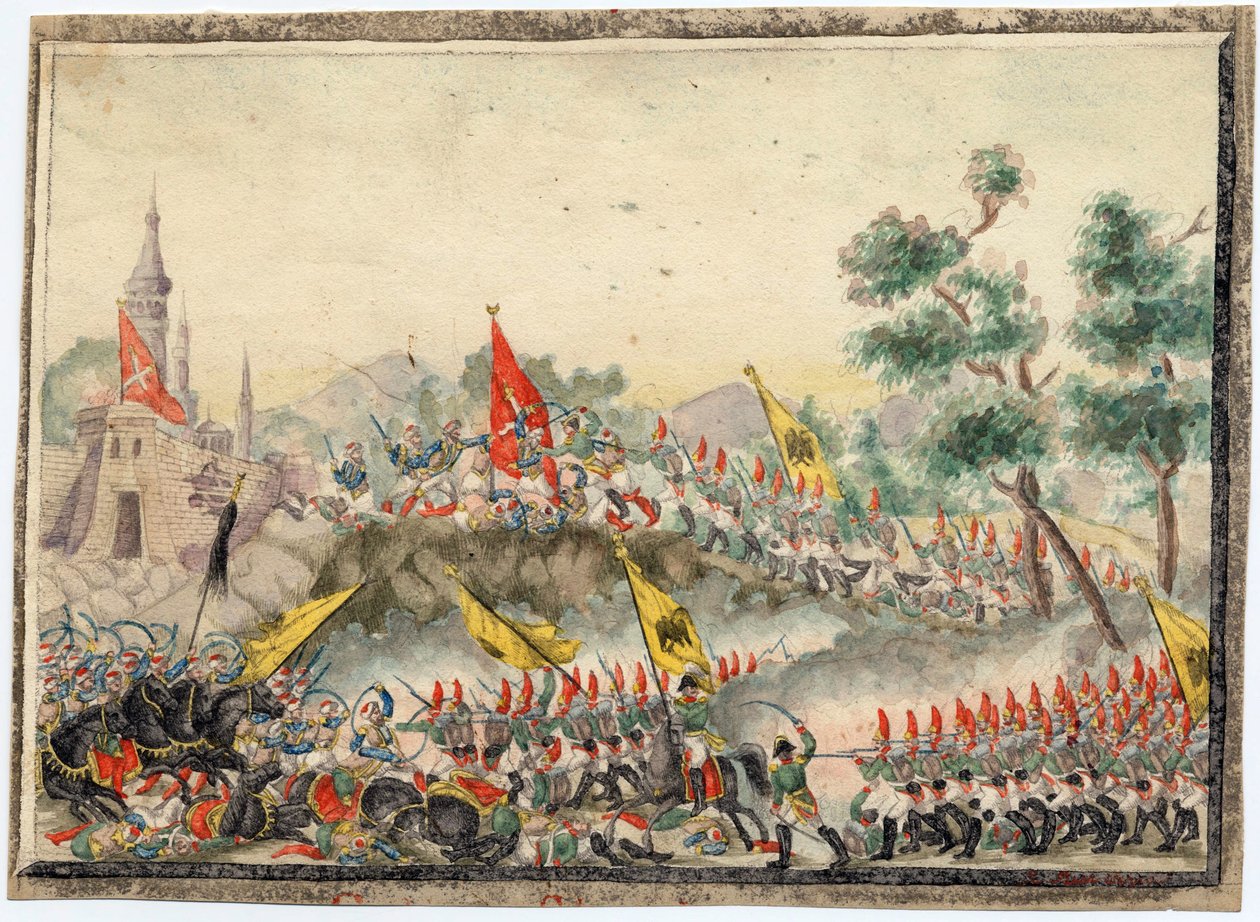 Guerre russo-turque de 1828-1829 - استولى الجيش الروسي على قلعة إسماعيل (إسماعيل) عام 1790 - مجهول - 1829 - ألوان مائية على الورق - 19 × 26 - مجموعة خاصة بواسطة مجهول مجهول