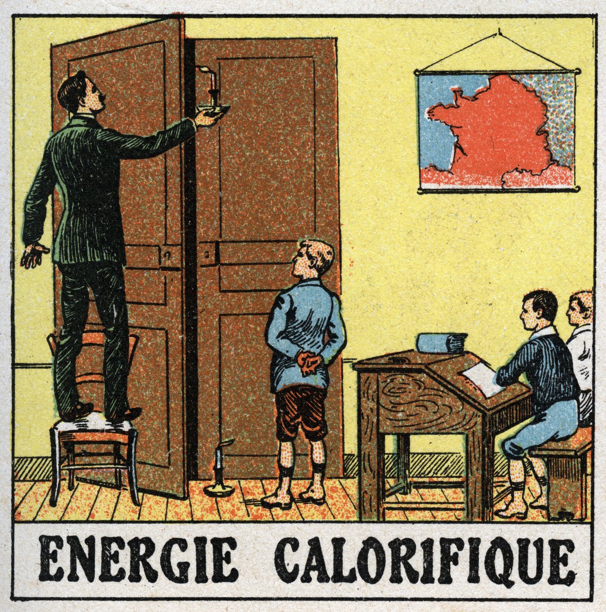 الطاقة الحرارية: مدرس في الفصل يحمل شمعة بالقرب من باب مفتوح. رسم توضيحي مجهول من عام 1925. مجموعة خاصة. بواسطة مجهول مجهول