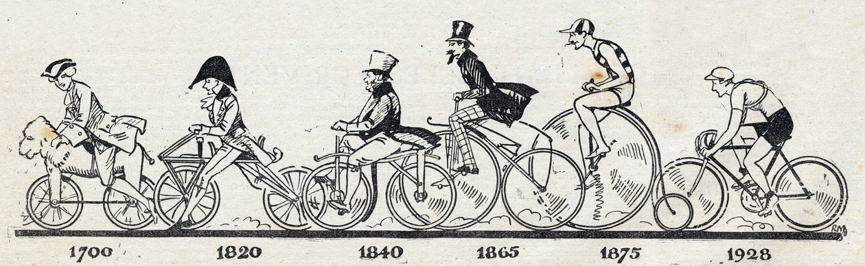 تاريخ الدراجة: نماذج مختلفة للدراجة من 1700 إلى 1928. نقش في "" Le petit Journal اللامع "" بواسطة مجهول مجهول