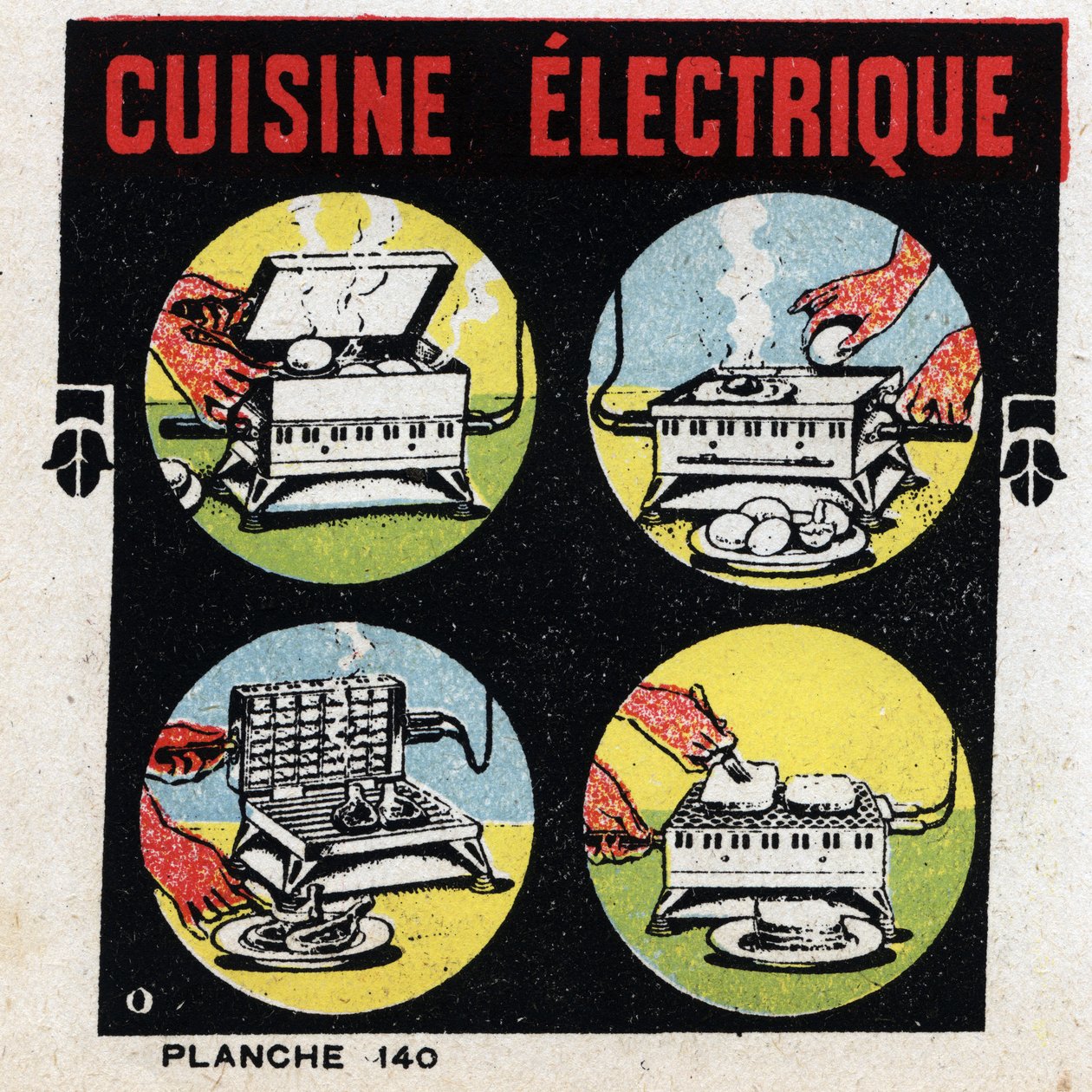 الاستخدامات المنزلية للكهرباء: مطبخ كهربائي مع شواية. رسم توضيحي مجهول من عام 1925. مجموعة خاصة. بواسطة مجهول مجهول