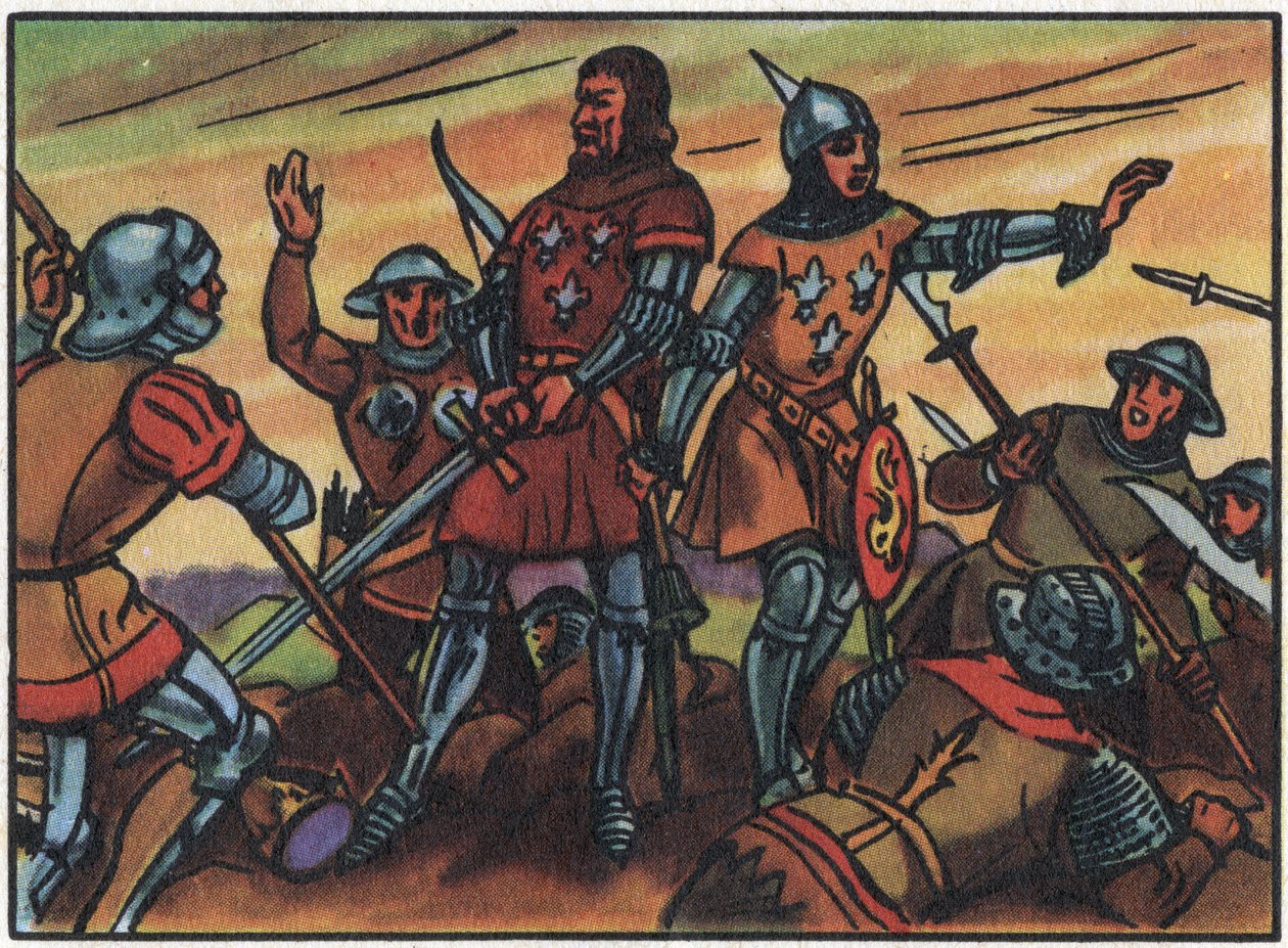 حرب المائة عام: "" أسر الإنجليز ملك فرنسا يوحنا الثاني الصالح (1319-1364) في معركة بواتييه في 19/09/1356 ". رسم توضيحي مجهول في "" Collection des souverains et chefs d'état de la France "". القرن ال 20. خاص بواسطة مجهول مجهول
