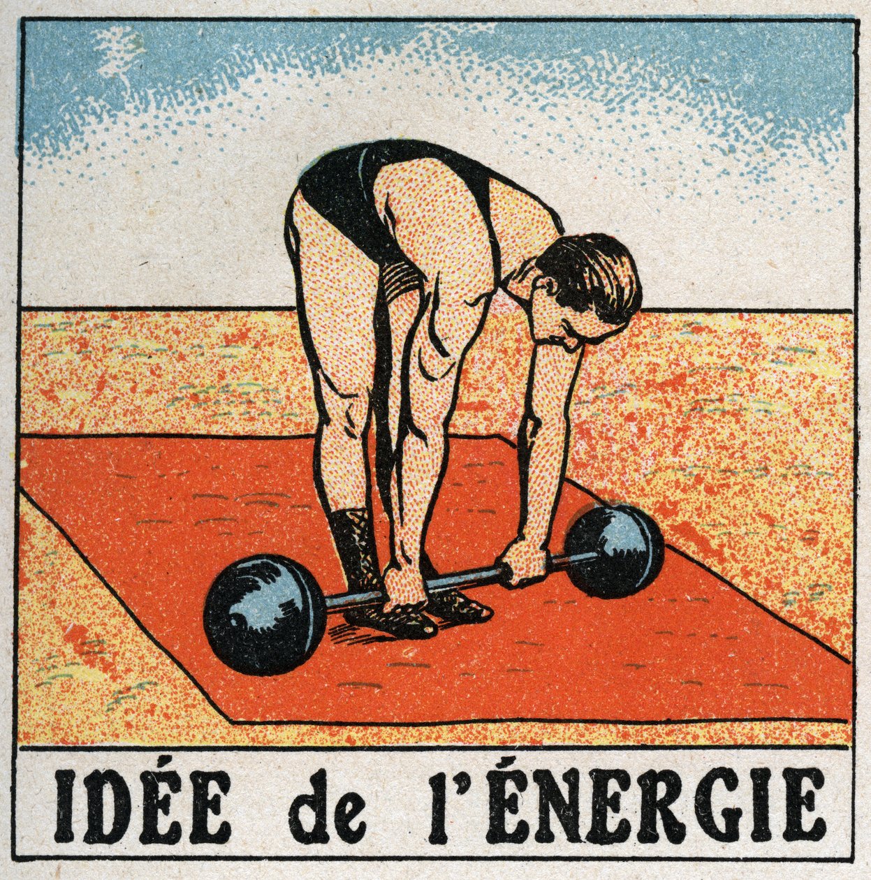 فكرة الطاقة: رياضي يرفع الأثقال. رسم توضيحي مجهول عام 1925. مجموعة خاصة. بواسطة مجهول مجهول