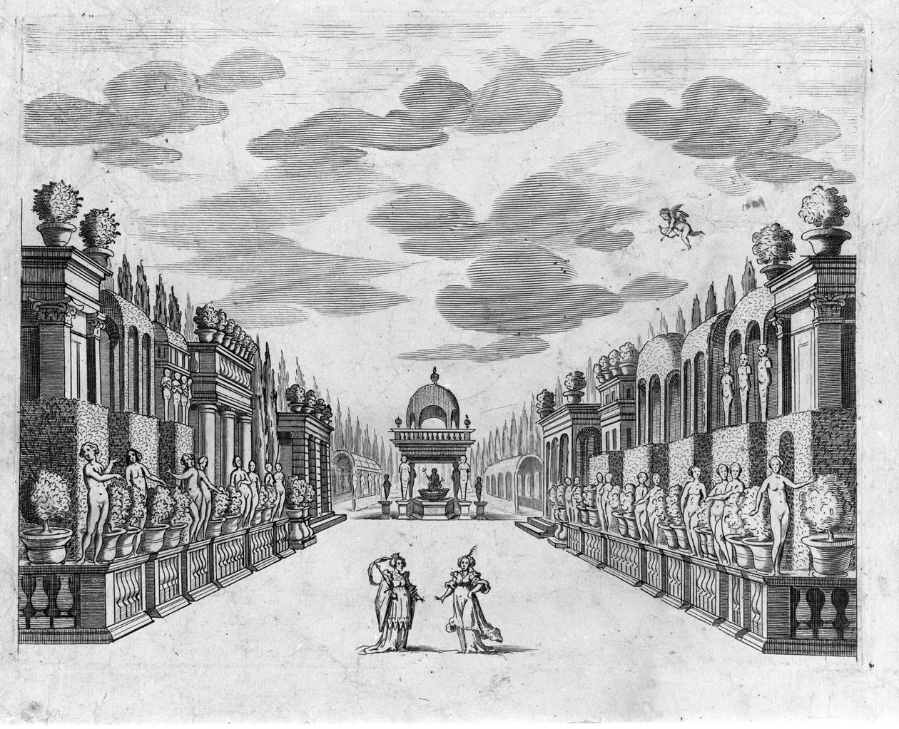 رسم توضيحي للمشهد 4 من الفصل الثاني للأوبرا في 5 أعمال "" Bellerofonte "" لفرانشيسكو ساكراتي. ديكور جاكوبو توريلي بواسطة مجهول مجهول