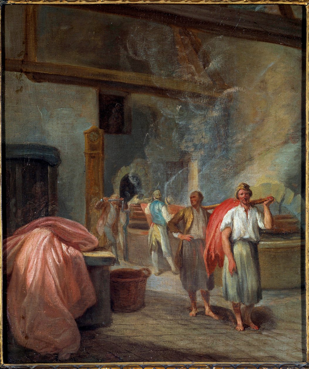 Interior of a dyeing workshop at Les Gobelins Anonymous painting. 1760. Dim 0,37 x 0,30 m Paris, Musee Carnavalet بواسطة مجهول مجهول