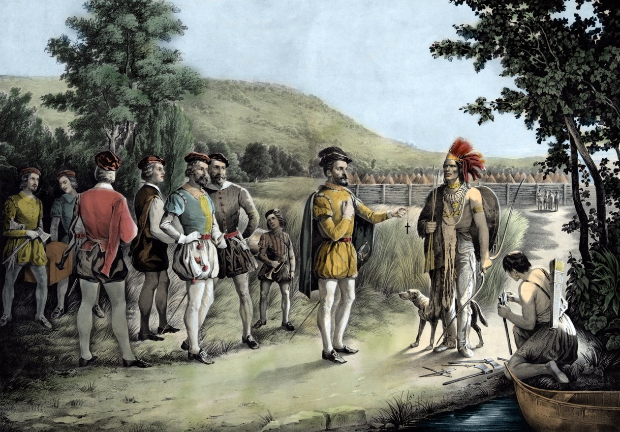 جاك كارتييه ، أول مقابلة له مع الهنود في Hochelaga الآن مونتريال في 1535 (litho بواسطة مجهول مجهول