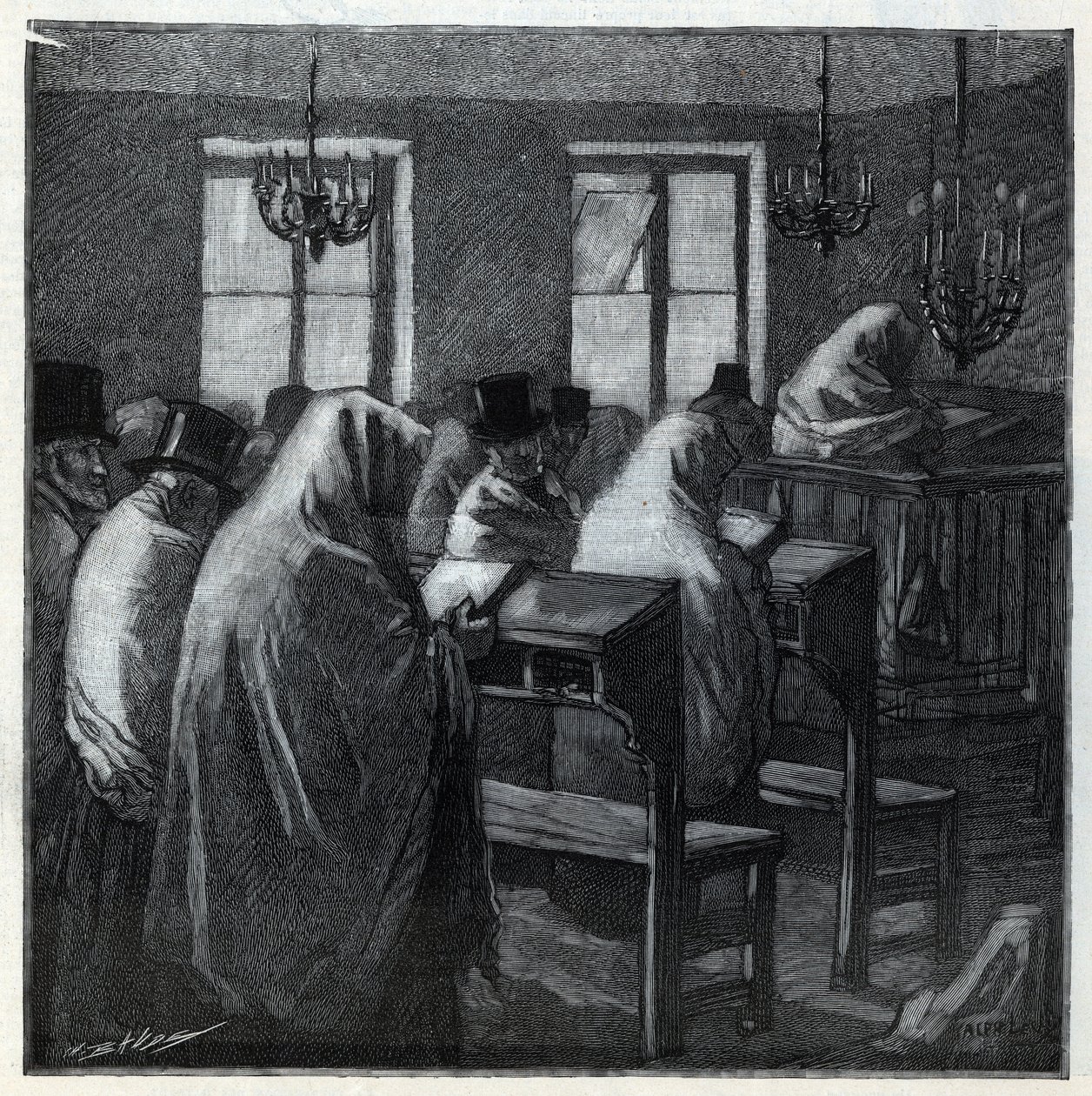 الأعياد اليهودية: المؤمنون أثناء الصلاة داخل المصلى أثناء الأعياد. نقش في "Le monde illustree" عام 1892. مجموعة خاصة. بواسطة مجهول مجهول
