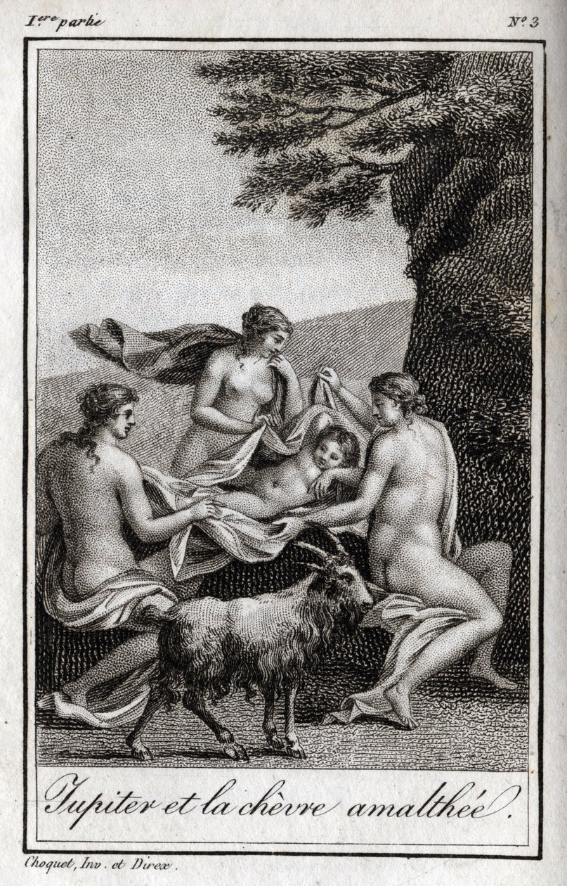 طفل المشتري يتغذى على العنزة أمالثي. نقش من عام 1819 في "Lettres a Emilie sur la mythologie" لتشارلز ألبرت ديموستييه (1760-1801). مجموعة خاصة. بواسطة مجهول مجهول