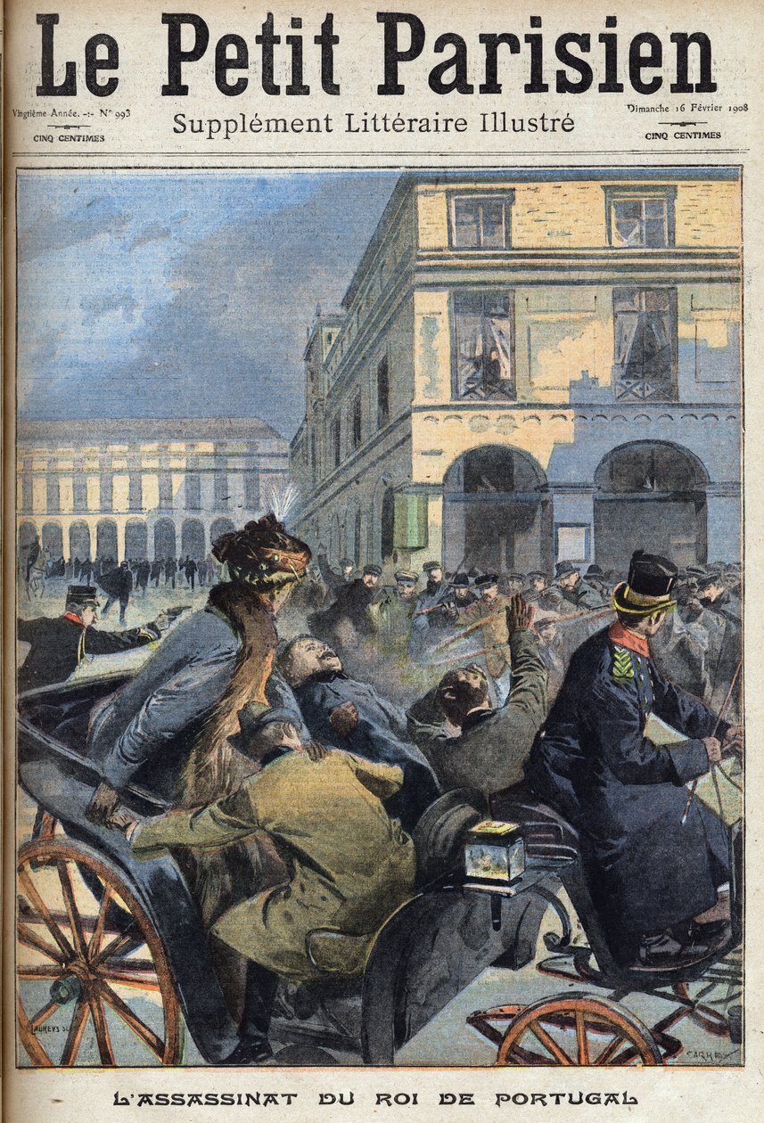 اغتيل الملك تشارلز الأول ملك البرتغال (1863-1908) وولي العهد الأمير لويس فيليب على يد الجمهوريين في لشبونة في 1 فبراير 1908. إحدى الصحف "Le petit parisien" "" في 16/02/1908. مجموعة خاصة. بواسطة مجهول مجهول
