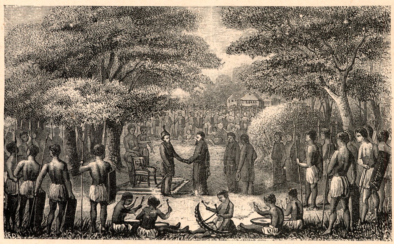 يرحب الملك ليبوشي بهنري ديبلشين (1822-1900) ، المبشر اليسوعي وأول رئيس لبعثة أعالي زامبيزي في إفريقيا. نقش في "Les Missions Catholiques au XIXeme Siecle" للويس-يوجين (لويس يوجين) لوفيت. مجموعة خاصة. بواسطة مجهول مجهول